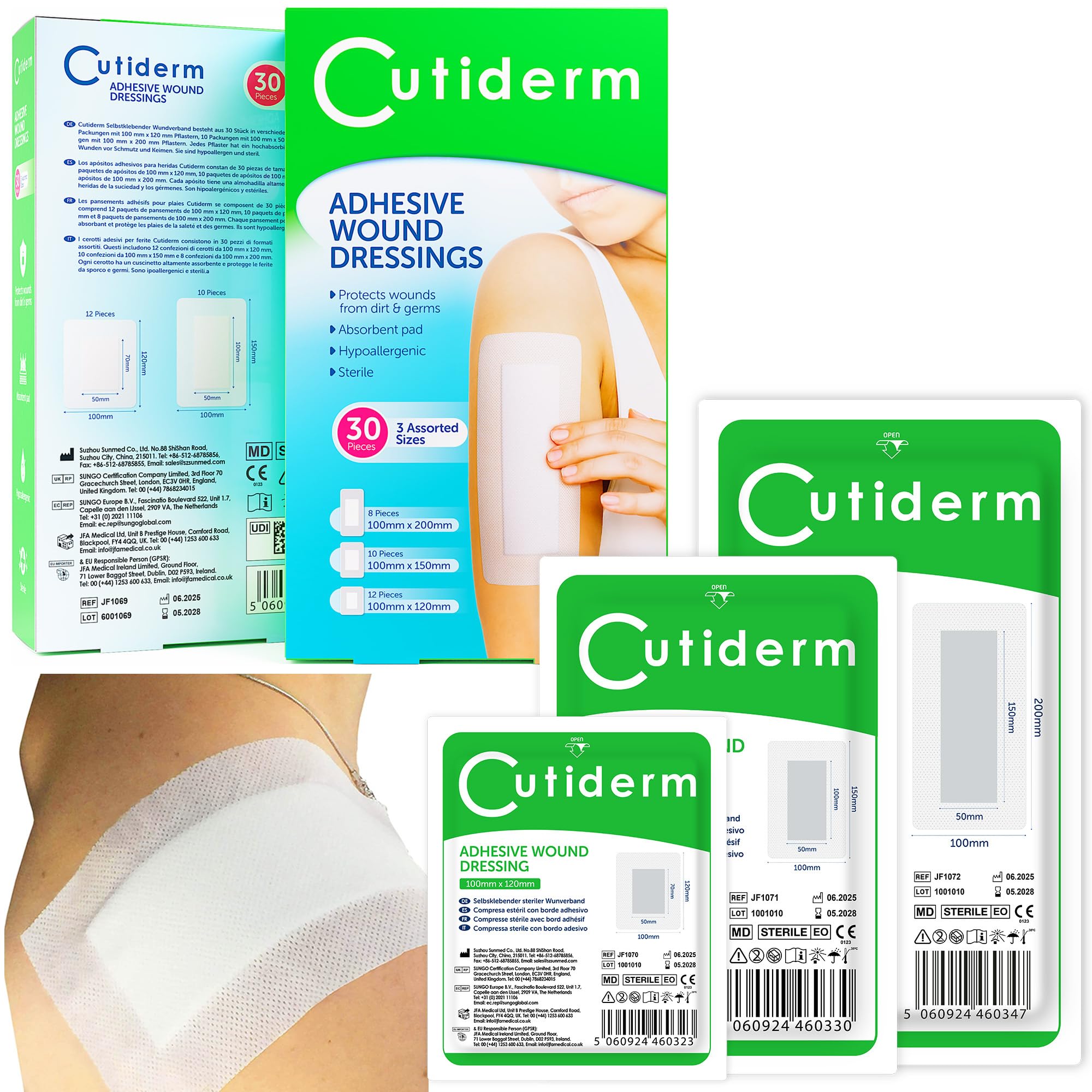 Cutiderm Pack of 30 Large Assorted Adhesive Sterile Wound Dressings Suitable for cuts and grazes, Diabetic Leg ulcers, venous Leg ulcers, Small Pressure sores