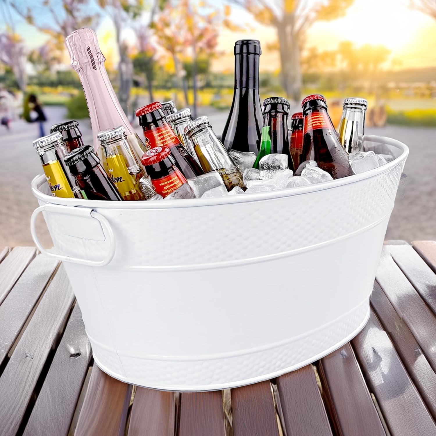 BREKX White Drink Cooler for Parties, Sealed Leak & Rust Resistant Galvanized Tub, Large Ice Bucket and Drink Bucket with Handles, 15 Quarts (4 Gallon), Oval Bucket with Easy to Clean Glossy Finish