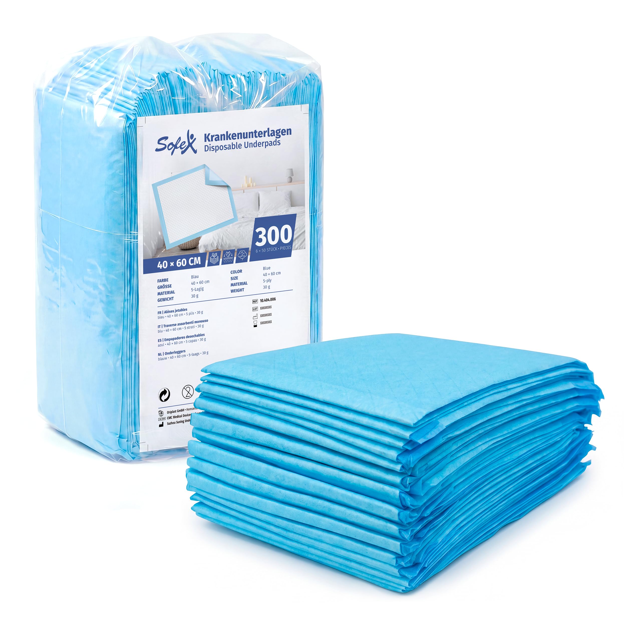 Sofex Inkontinenzunterlagen Einweg 40x60 cm – 300 Stück, 5-lagig – Krankenunterlagen 40x60, Inkontinenz Bettunterlage, Unterlagen Bett Inkontinenz, Wickelunterlage, Saugstark, und Rutschfest