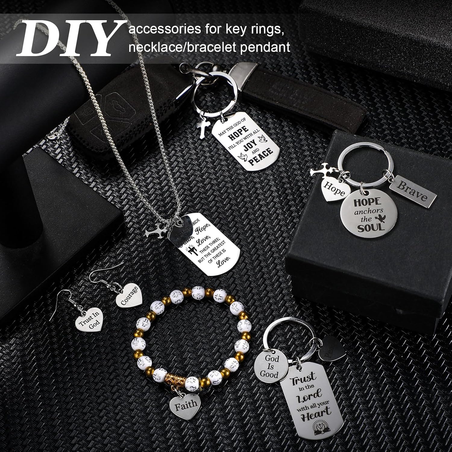 285 Pcs Inspirational Words Charms Bulk for Keychain Motivational Keychain Jewelry Making Supplies with Open Jump Rings Key Rings for Women DIY Necklaces Bracelets Appreciation Gift
