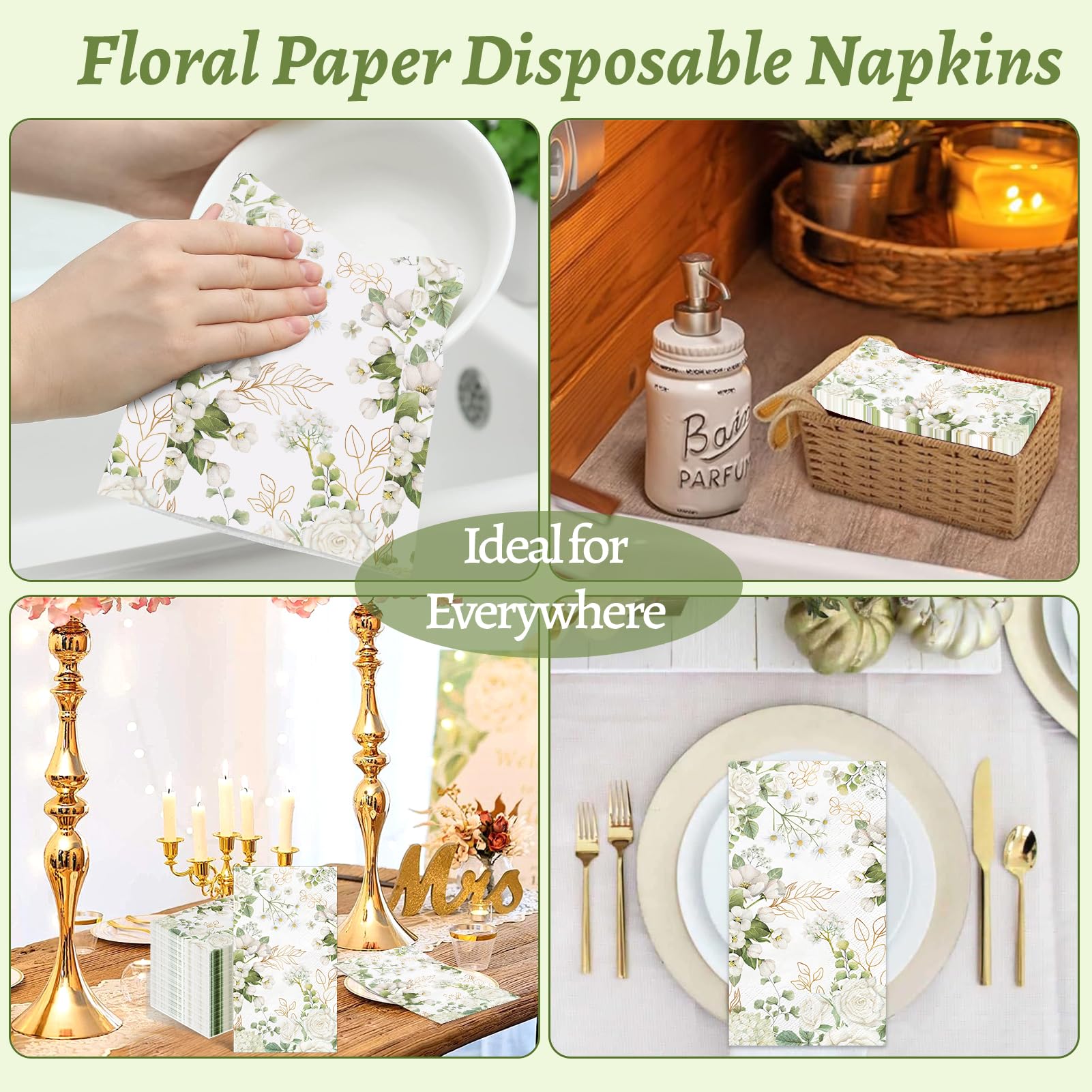 100 servilletas de papel florales blancas de 3 capas, desechables, para baño, flores de primavera, servilletas de invitados, servilletas de cena floral para boda, novia, baby shower, cumpleaños