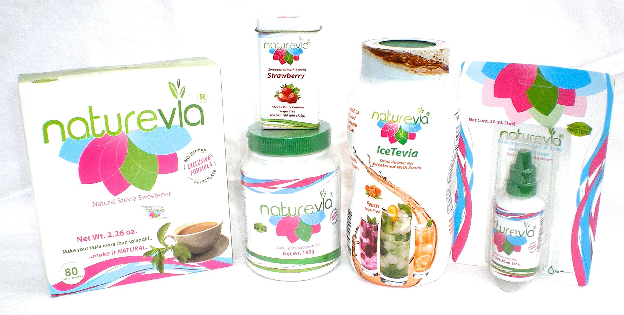 Naturevia Stevia Sweetener Bundle Stevia Kit of 1 Iced Tea Drink, 1 Box of 80 packets, 1 Liquid stevia drops, 1 Naturevia stevia Mints candies candy, 1 Jar of 180 g powder No corn fillers, No aftertaste , No sugar, No sucralose, with inulin, excellent taste Stevia Sweetener.