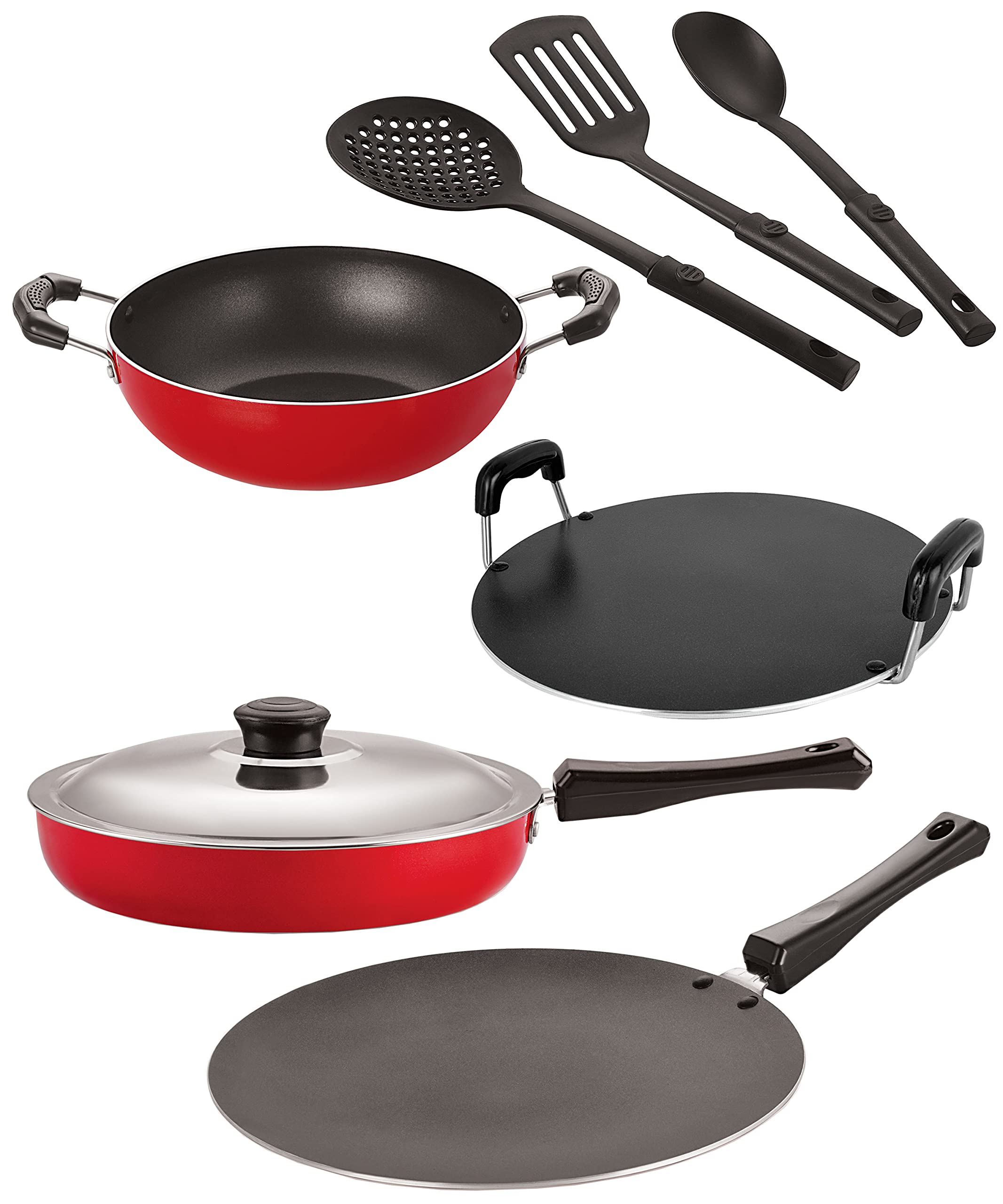 NIRLON Nonstick Coated Aluminium 7 Pcs Set of Concave Tawa-28.5cm,Kadhai-24cm,Round Tawa-28.5cm,Fry Pan-24cm & 3 Spoon (2.6mm_CT12_KD13_RT_FP12_3SPN)