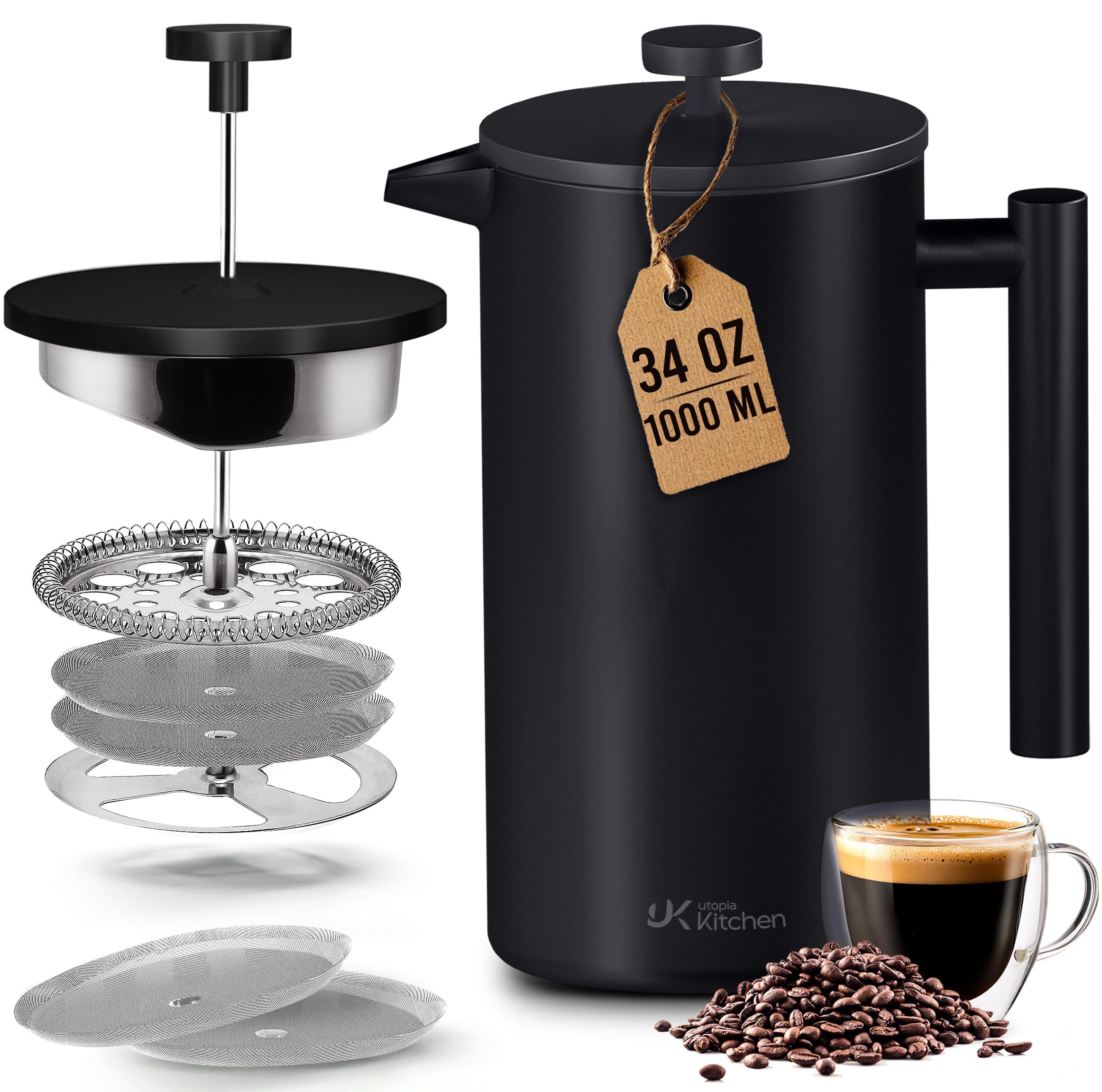 Utopia Kitchen Cafetera de prensa francesa de 34 onzas, acero inoxidable aislado de doble pared con sistema de filtración de 4 niveles, incluye 2 filtros adicionales, sin óxido, apta para