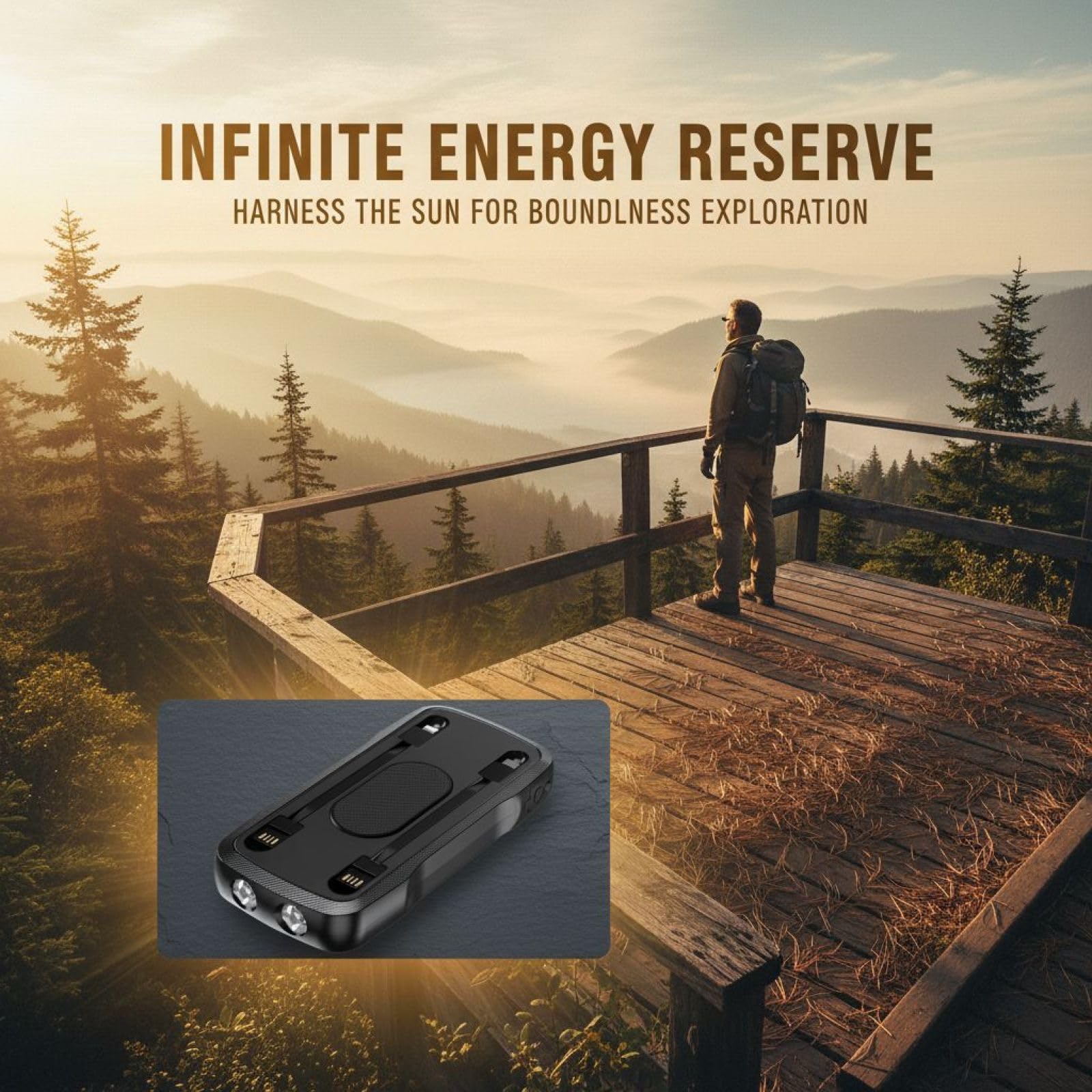 Banca di energia solare da 10000 mAh, caricatore wireless portatile con accendifuoco, doppia torcia a LED, guscio sottile in ABS per campeggio e uso di emergenza