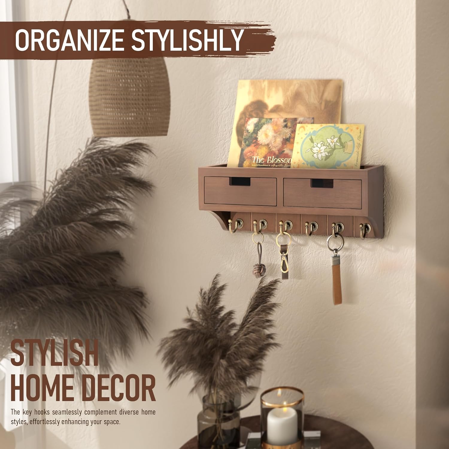 Rebee Vision Farmhouse Key Holder Wall Mount Combo - Rustic Key Holder with 2 Drawer Organizer and Mail Organizer with Mini Shelf – Stylish Apartment Essentials Storage for Home Decor (Brown)