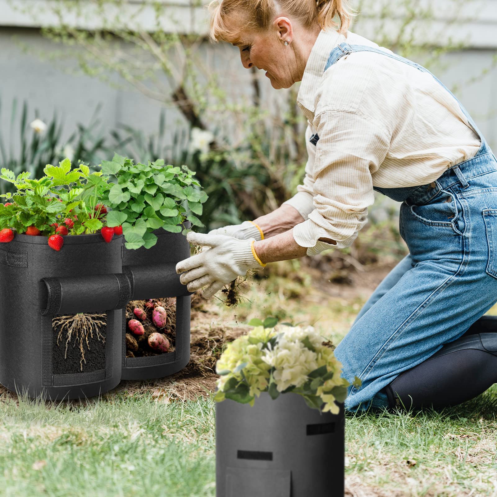 LITLANDSTAR Paquete de 6 bolsas de cultivo de patatas de 15 galones, bolsa de plantas de jardín de tela no tejida resistente con solapa y asas, macetas de tela de aireación para cultivar verduras,