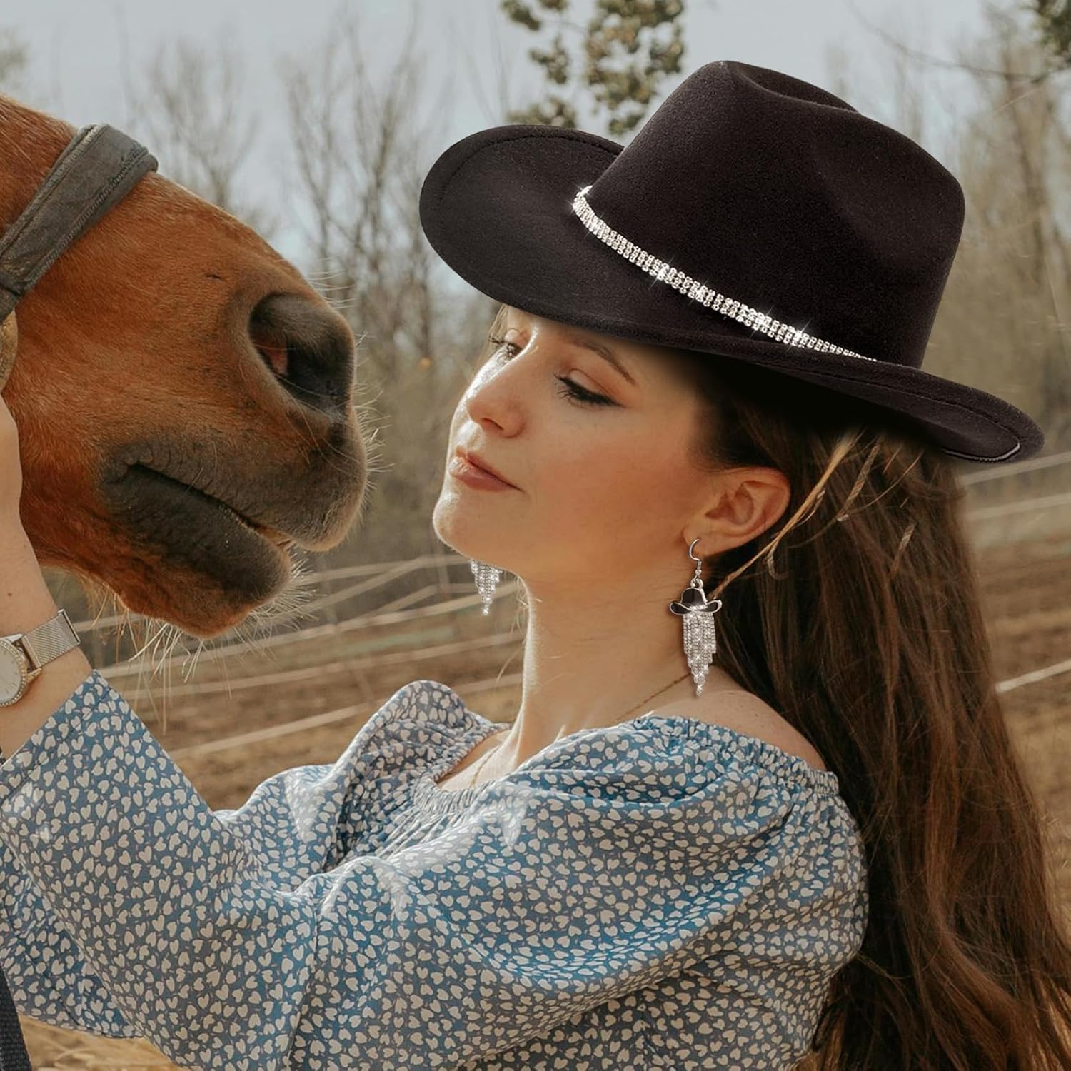 Cowboy Hat Rhinestone Cowgirl Boots Earrings Set Western Earring Felt Fedora Jazz Hat Rodeo Outfit for Women Size M - Image 5