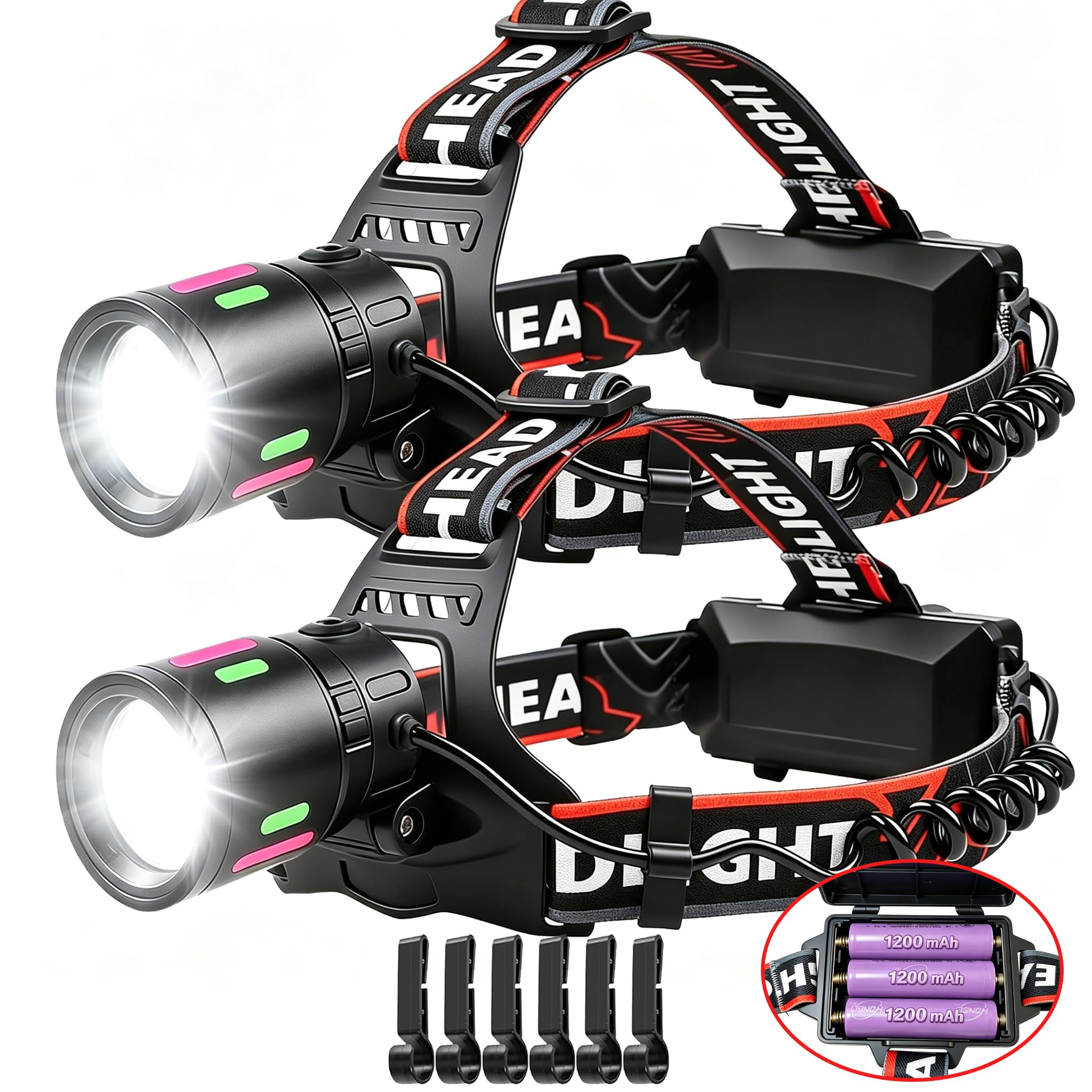 Legisgiant 2X Set Rechargeable LED Head Torch, 100000 LM, 5 Modes, 30 Hours Runtime, IPX7 Waterproof, Zoomable, Red Warning Light for Running, Hiking, Fishing (Multi-Color-B) — image 1