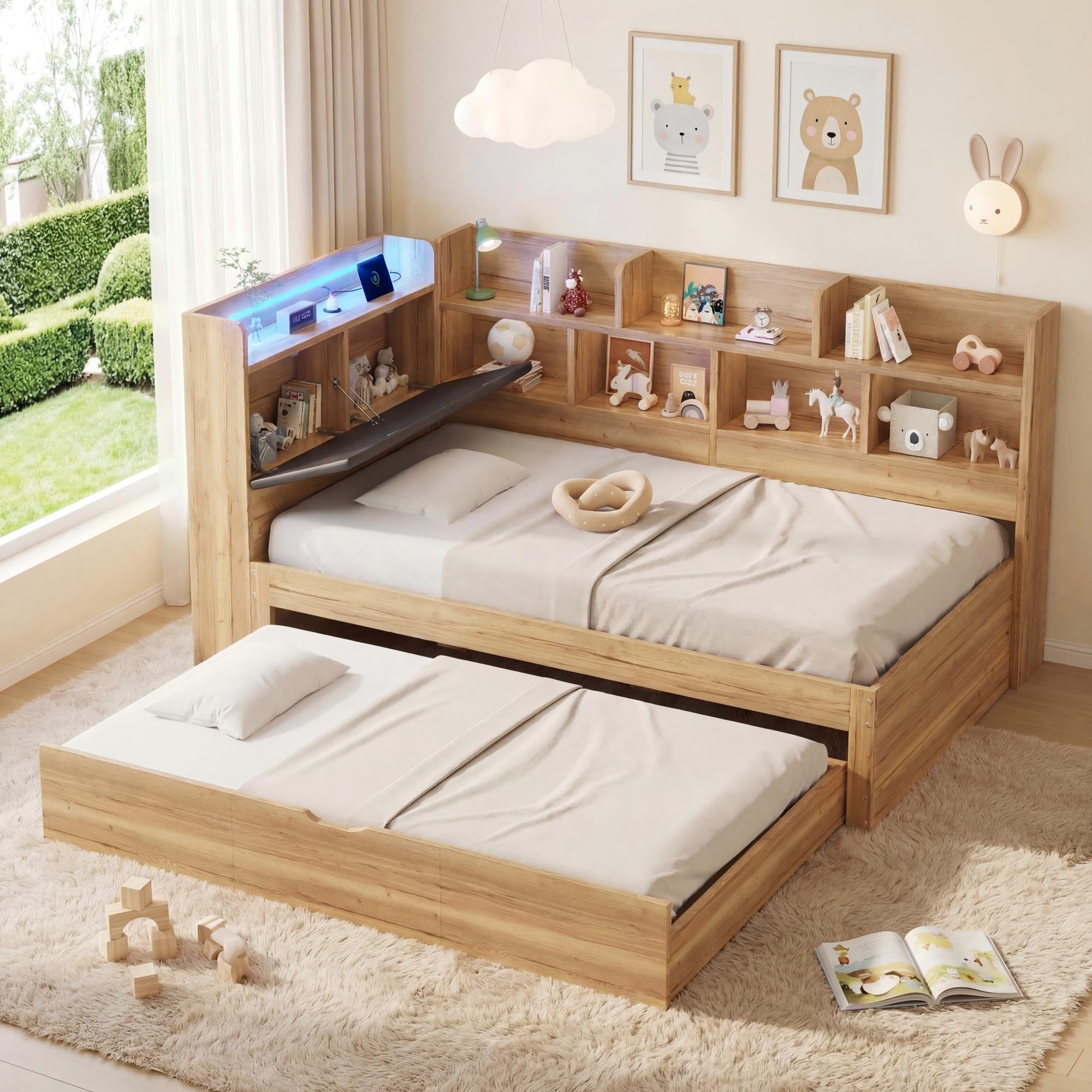Cama infantil de día de 90 x 200 cm con cama nido de 90 x 190 cm, cama de día de madera con espacio de almacenamiento, compartimentos, diseño funcional, cama juvenil para habitación infantil