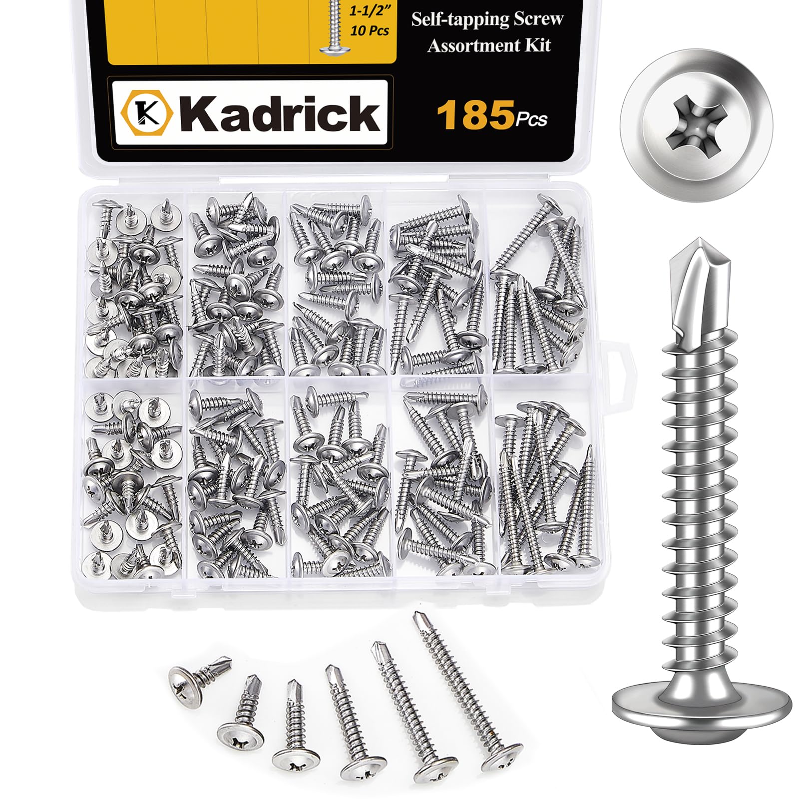 Kadrick 185Pcs #8 Self Tapping Screws,Lenth Form 1/2''to 1-1/2'',Phillips Modified Truss Head, 410 Stainless Steel