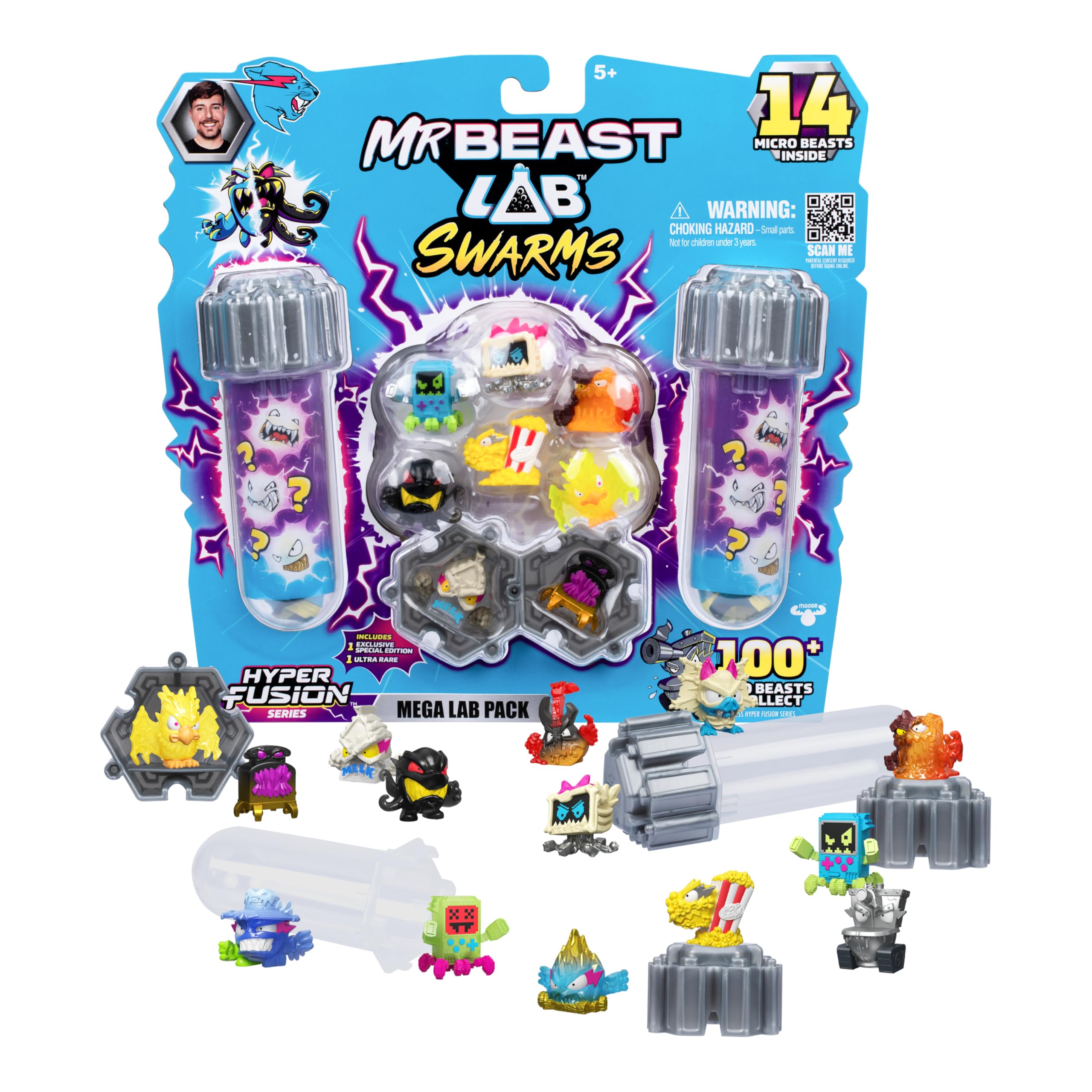 MRBEAST LABSwarms Series 3, Hyper Fusion Series, 14 Pack Collectible Micro Beasts, 14 Collectible Stickers & 4 Fusion Caps to Build Out Your Own Milk Bones