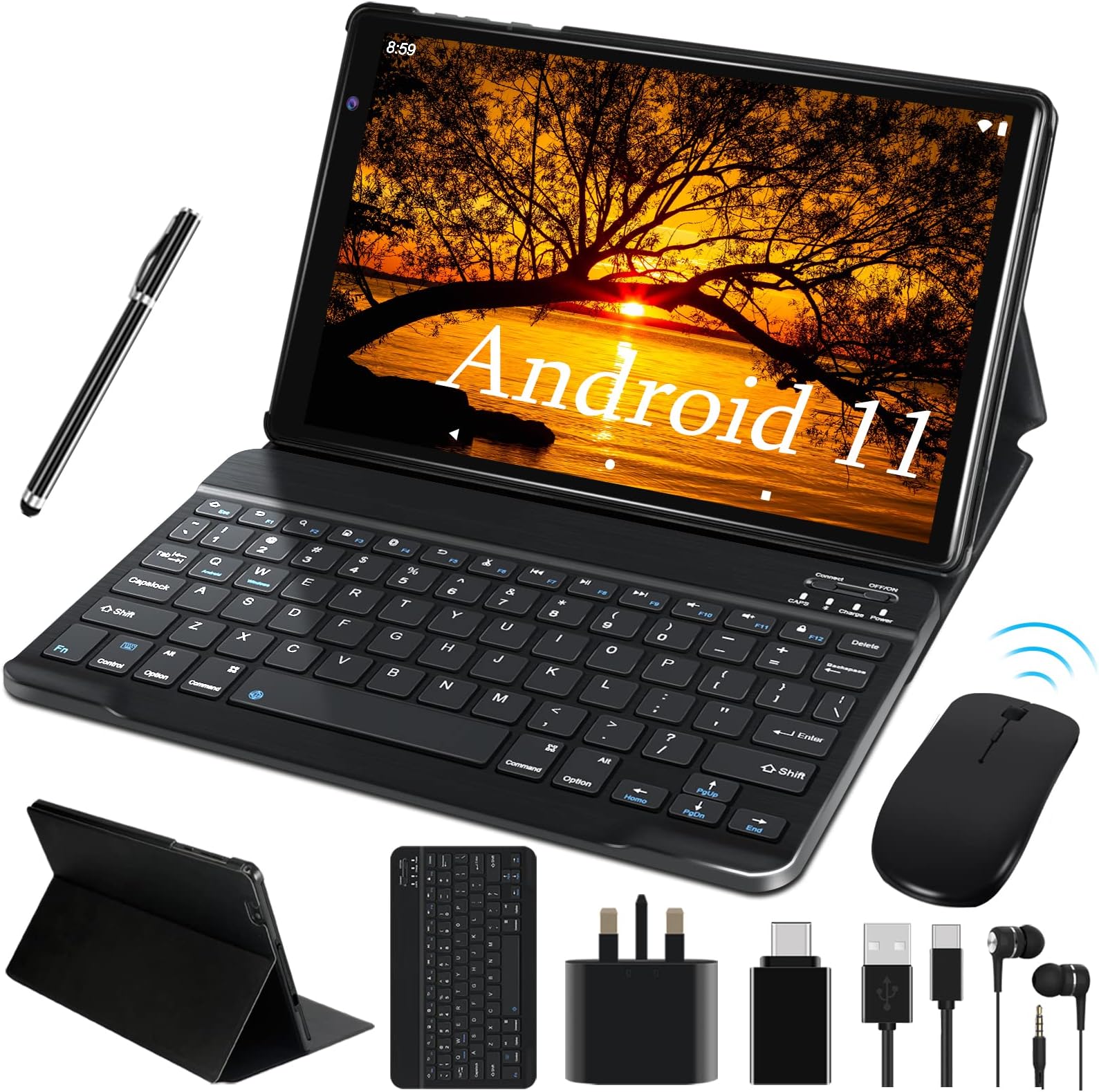 FACETEL 2022 Tablet 10 Inch Android 11 OS, Tablet with Octa-Core 4GB RAM 64GB ROM(128GB Expansion), 5G+2.4G WiFi | 5MP+8MP | HD IPS Display | 8000mAh | Bluetooth | Keyboard+Mouse - Black Metal Body