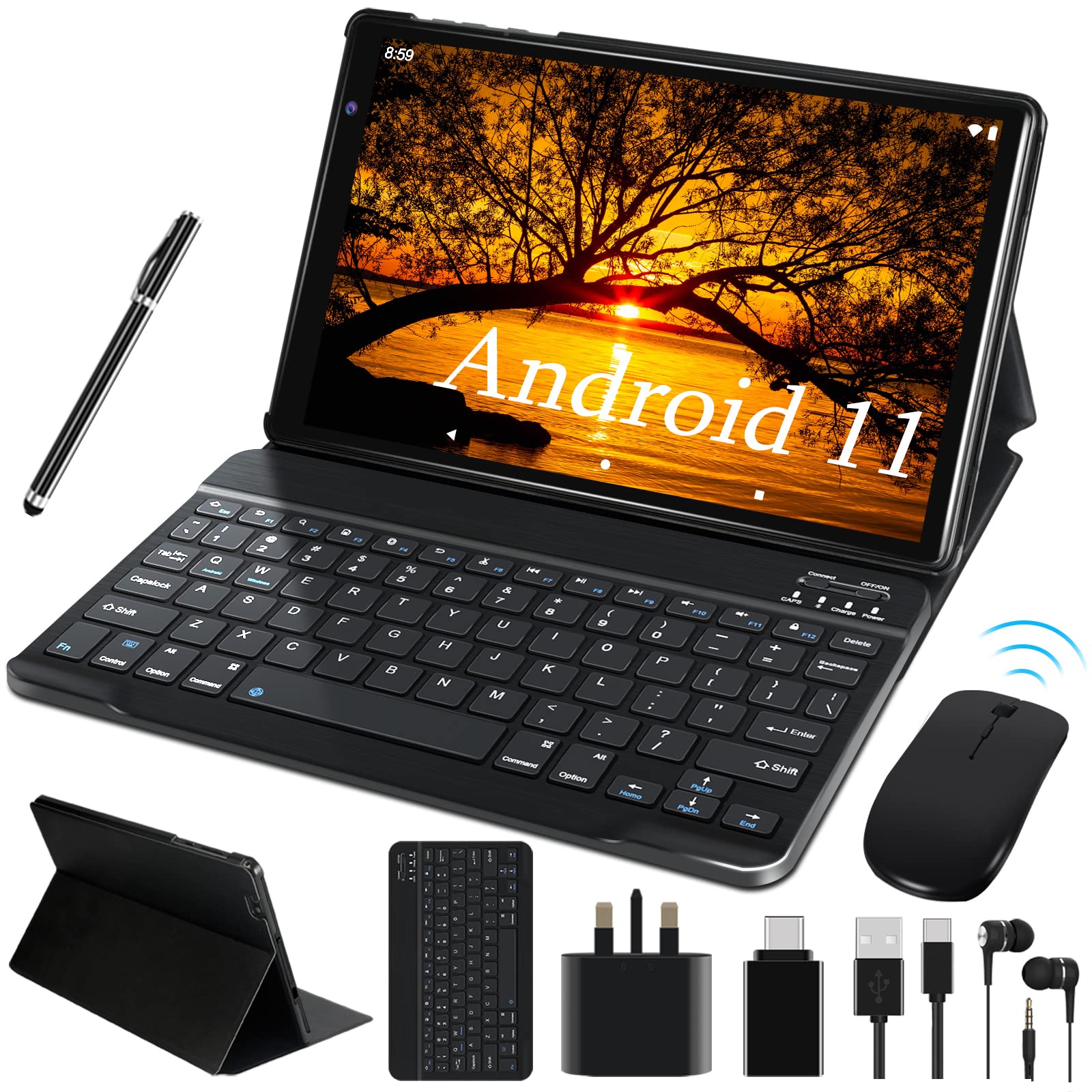 FACETEL 2022 Tablet 10 Inch Android 11 OS, Tablet with Octa-Core 4GB RAM 64GB ROM(128GB Expansion), 5G+2.4G WiFi | 5MP+8MP | HD IPS Display | 8000mAh | Bluetooth | Keyboard+Mouse - Black Metal Body