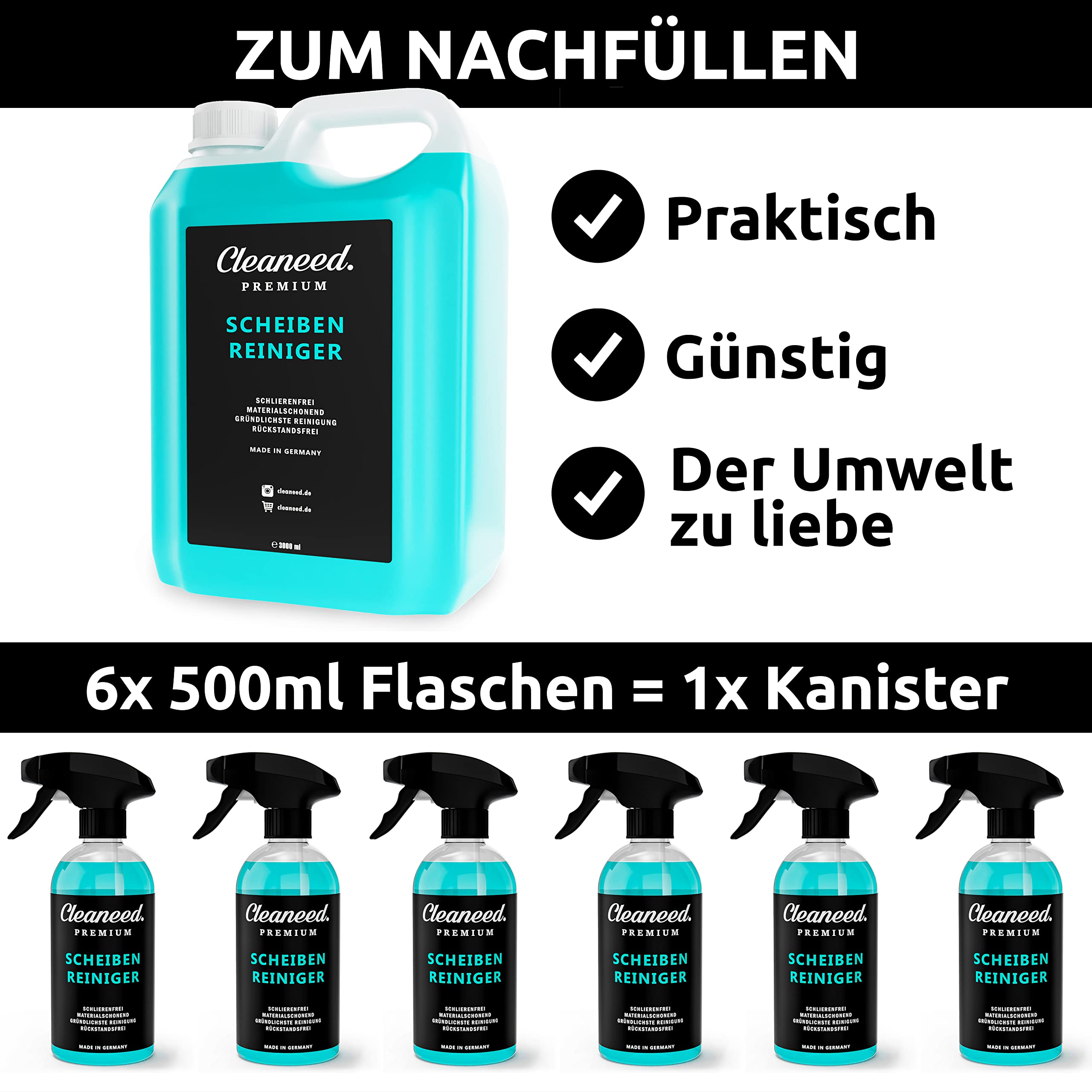 Środek do czyszczenia szyb klasy premium, 3 l, do napełniania – Made in Germany | Nie pozostawia smug, chroni materiał, bardzo mocny, nie pozostawia śladów – środek do czyszczenia szyb