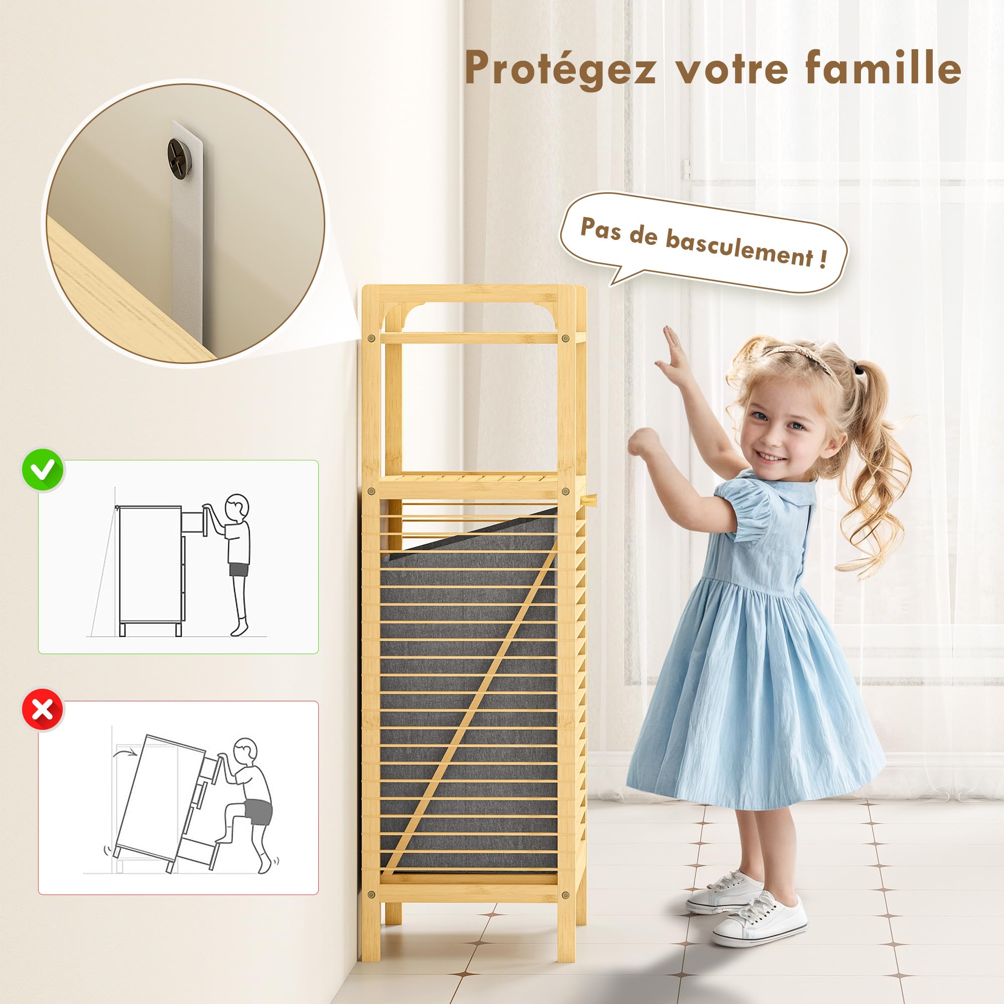 HOMCOM Meuble de Rangement à Linge en Bambou, Meuble de Salle de Bain avec étagère, Panier à Linge basculant, Porte à Lattes et Sac de Rangement Amovible, 40 x 30 x 95 cm, Effet Bois Naturel