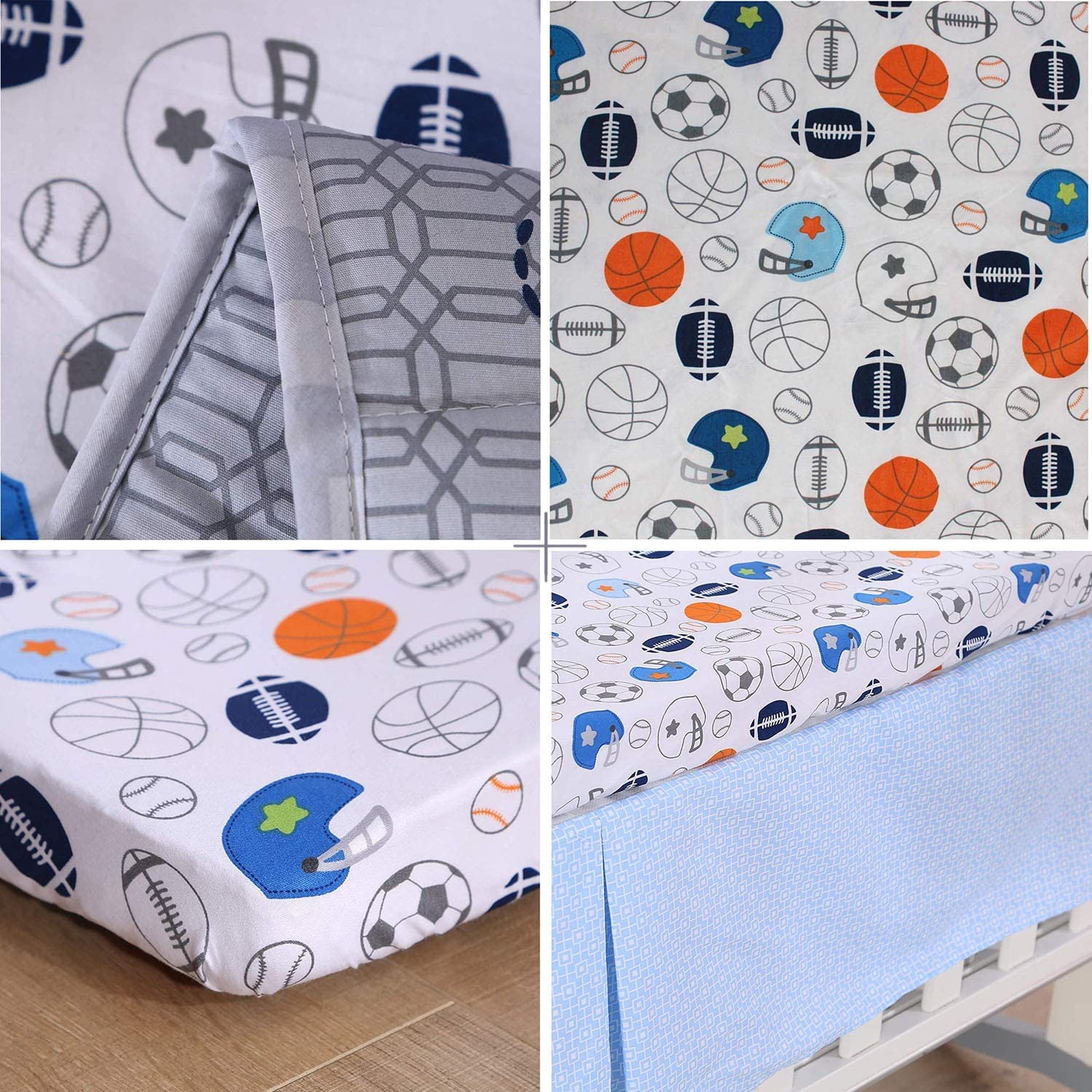 Juego de ropa de cama de algodón para bebés niños 3 PC Blue Cuna Set-Sports Baseball