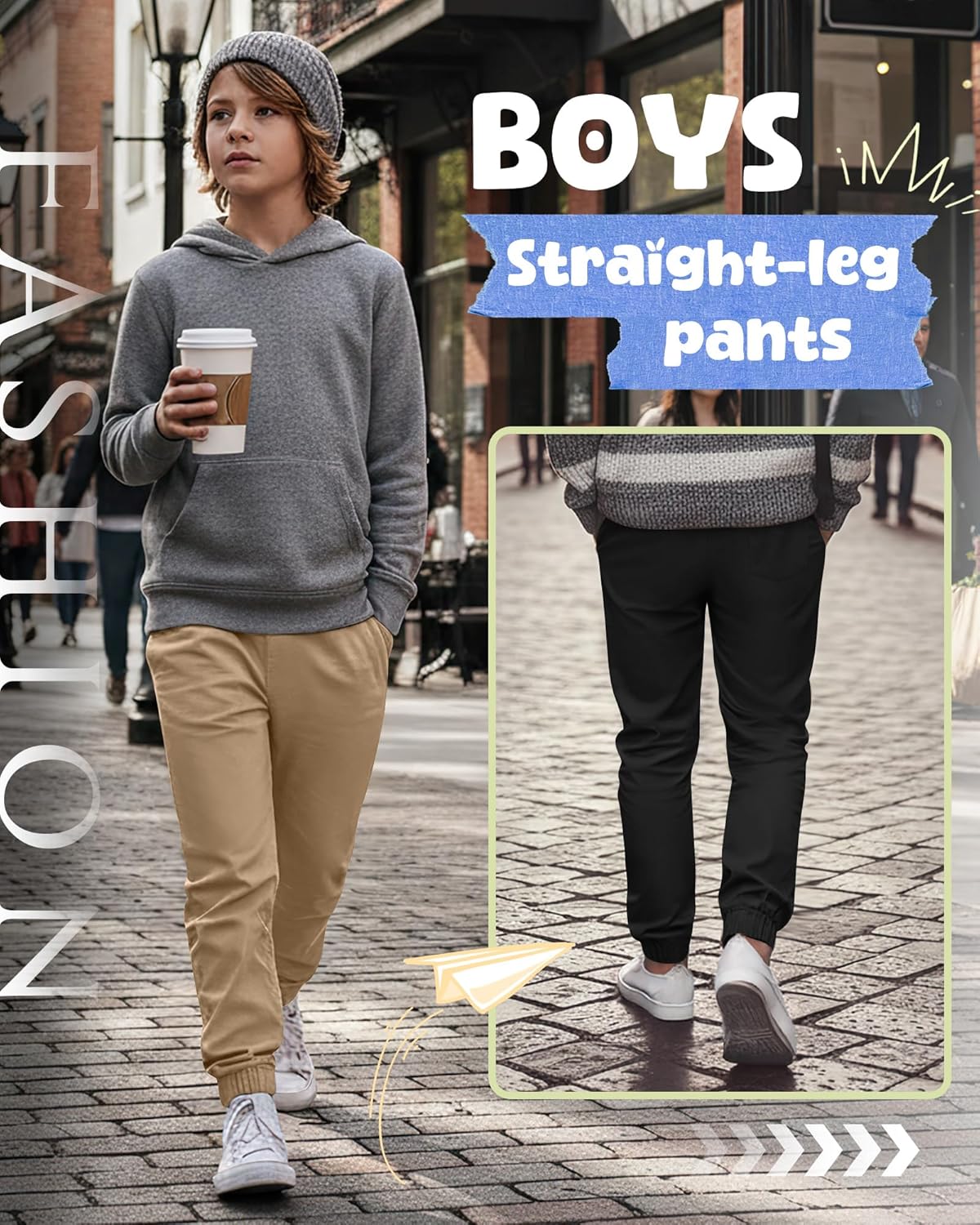 3 Pack Boys Uniform Jogger Pants School Wear Elastic Waist Pull-on Stretchy Pants with Pockets for Kids 6-14 Years - Image 3