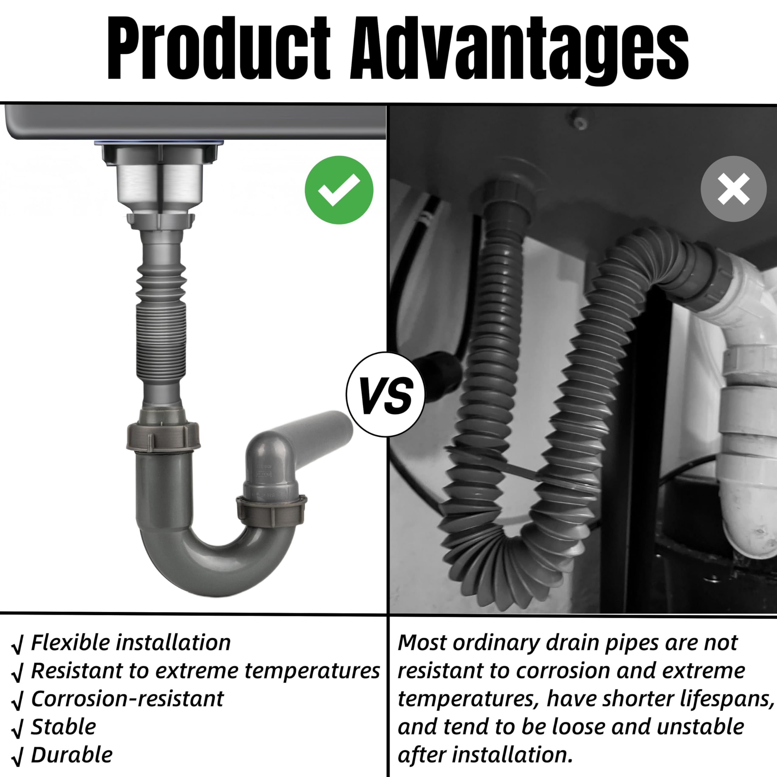 Trampa P expandible y flexible, kit de tubo de drenaje de fregadero de 1-1/2 pulgadas, con adaptador de 1-1/4 pulgadas, drenaje de pared, para fregadero de cocina