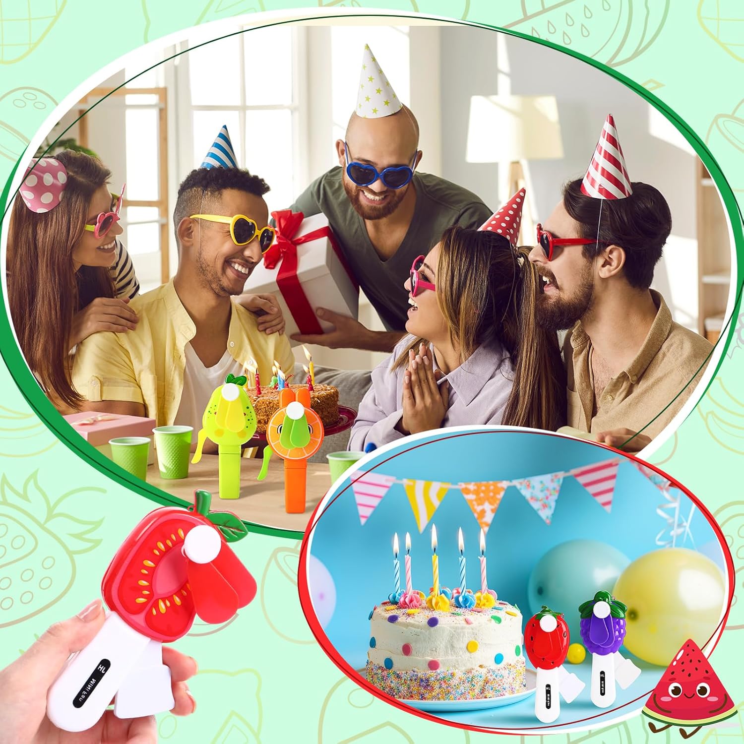 Glooglitter 24 Pack Mini Portable Fans with Cards Gifts Cute Fruits Handheld Press Cooling Fans for Summer Graduation End of the Year Pool Birthday Party Outdoor Activity Prize Exchange