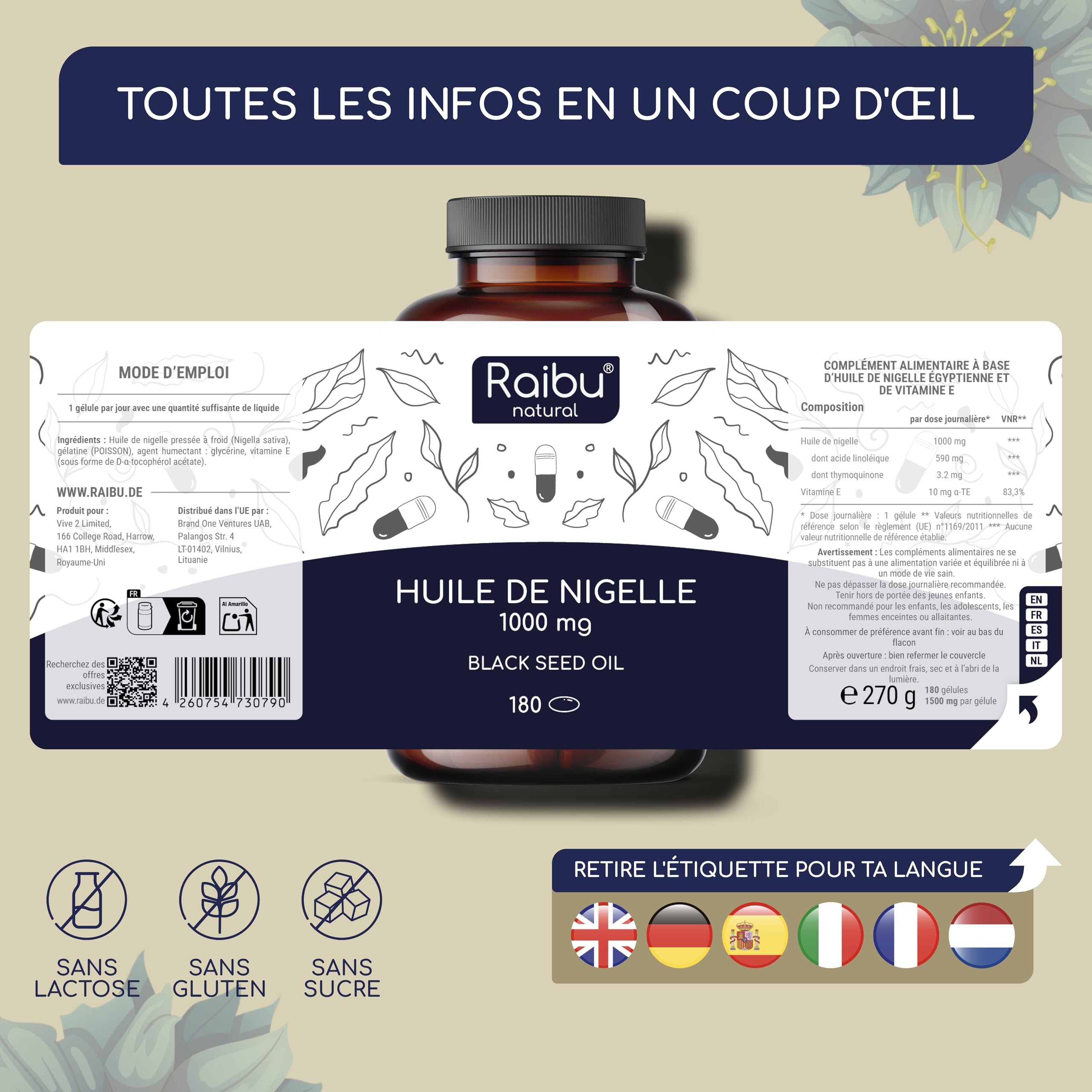 Huile de nigelle pure - 1000 mg d’huile de cumin noir par gélule (1 par jour) - Provision pour 6 mois - Nigella sativa pressée à froid - 59 % d’acide linoléique - 180 gélules