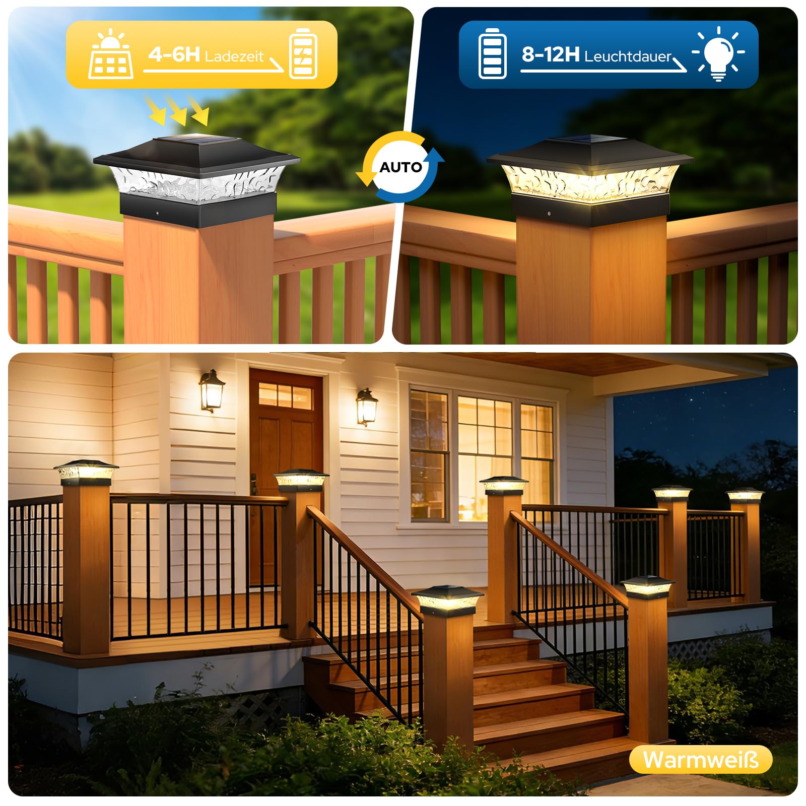 NIORSUN Solar Pfostenleuchte 8 Stück, IP64 Wasserdicht, Warm-/Kaltweißes Licht, für 9x9 10x10 12x12 cm Holz/Vinyl Pfosten