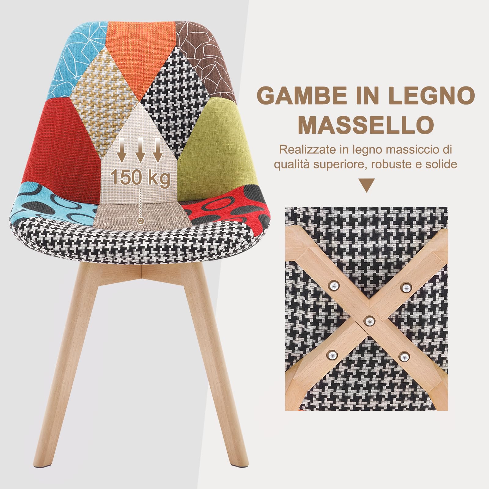 WOLTU Set di 2 sedie da pranzo Sedia da Scrivania con Schienale Rivestito in Tessuto di Lino Patchwork Gambe Legno Moderno