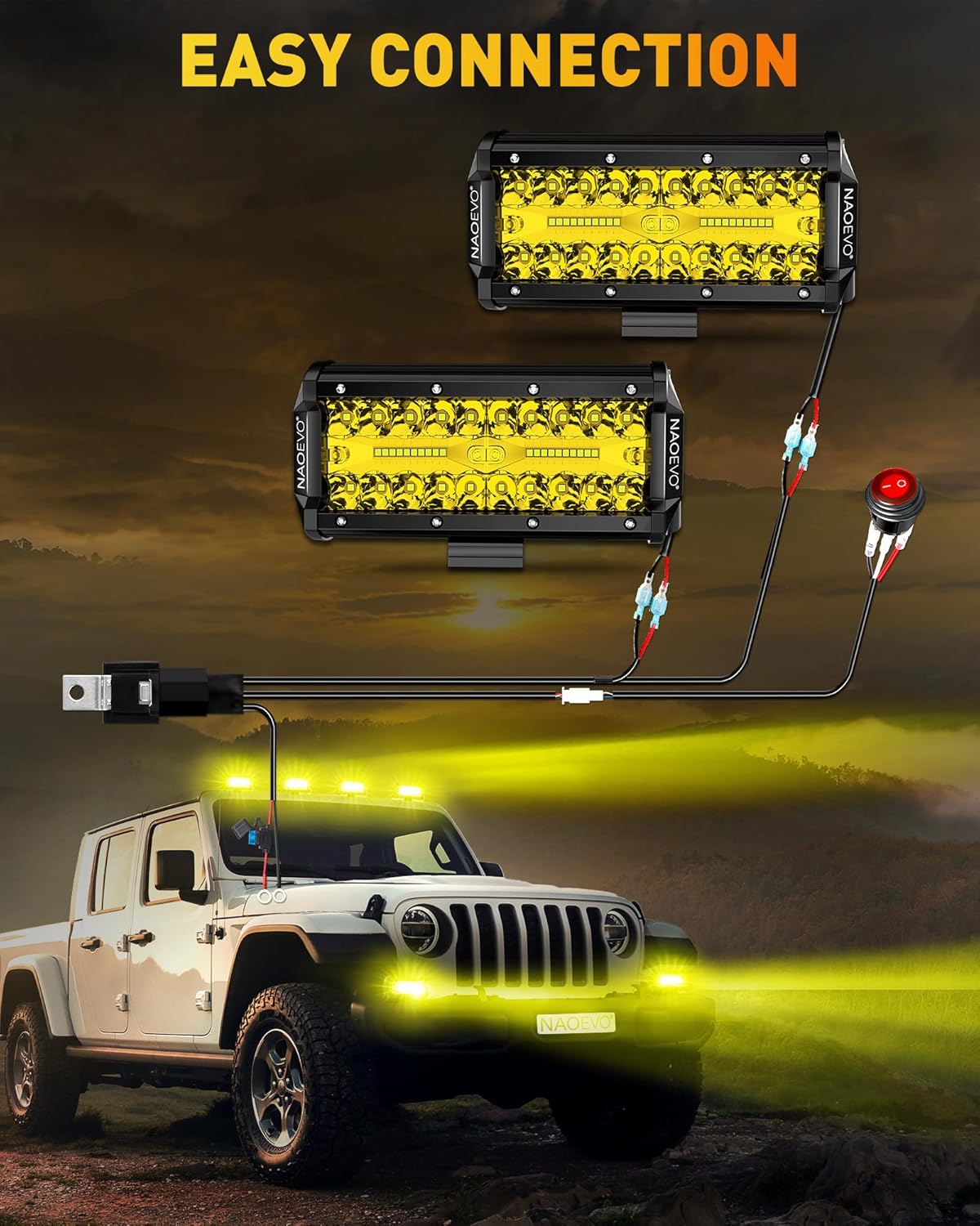 NAOEVO 7 Inch Yellow LED Light Bar, 240W 24,000LM Offroad Fog/Driving Lights LED Pods with 2 Leads Wiring Harness Kit, Spot & Flood Work for Truck Boat UTV ATV, 2-Pack (Yellow)