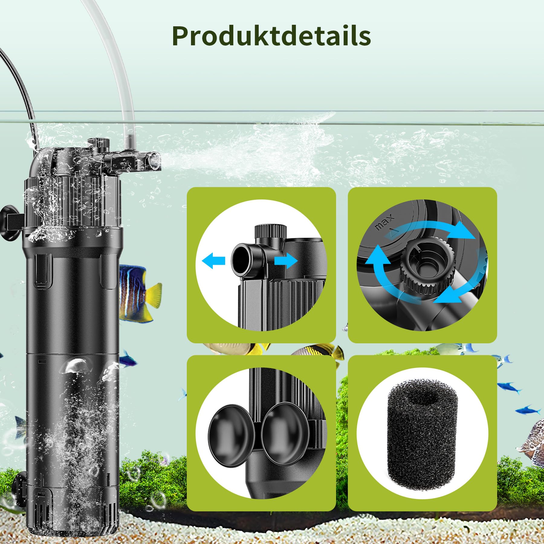 Forever Speed 5-in-1 Filtro Interno per acquari con UV 8 Watt, Pompa Filtro per acquari con Portata Regolabile 650L/h per acquari da 100-300L