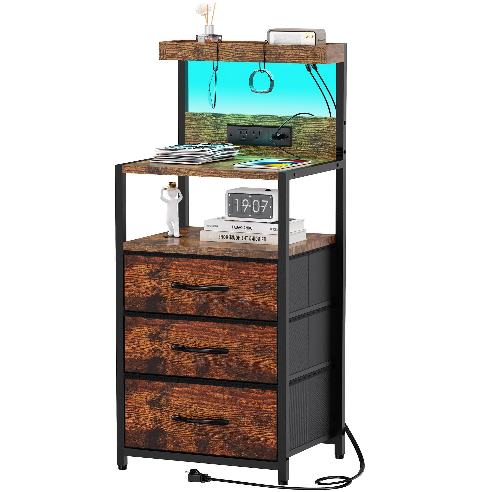 SZLHANJZ Nightstand, Dresser Nightstand with Charging Station, 3 Drawers Night Stand with Storage and LED Lights, 3 Shelves and Hooks, End Side Table