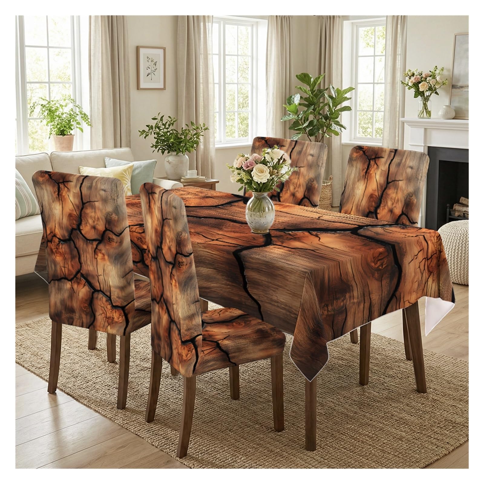 BOSUYBN Vintage Cracked Wood Grain Printed Dining Tablecloth & Chair Covers Set, 5/7 Piece Rustic Farmhouse Home Decor Table Setting(5pcs Set: Tablecloth+Chair Covers)