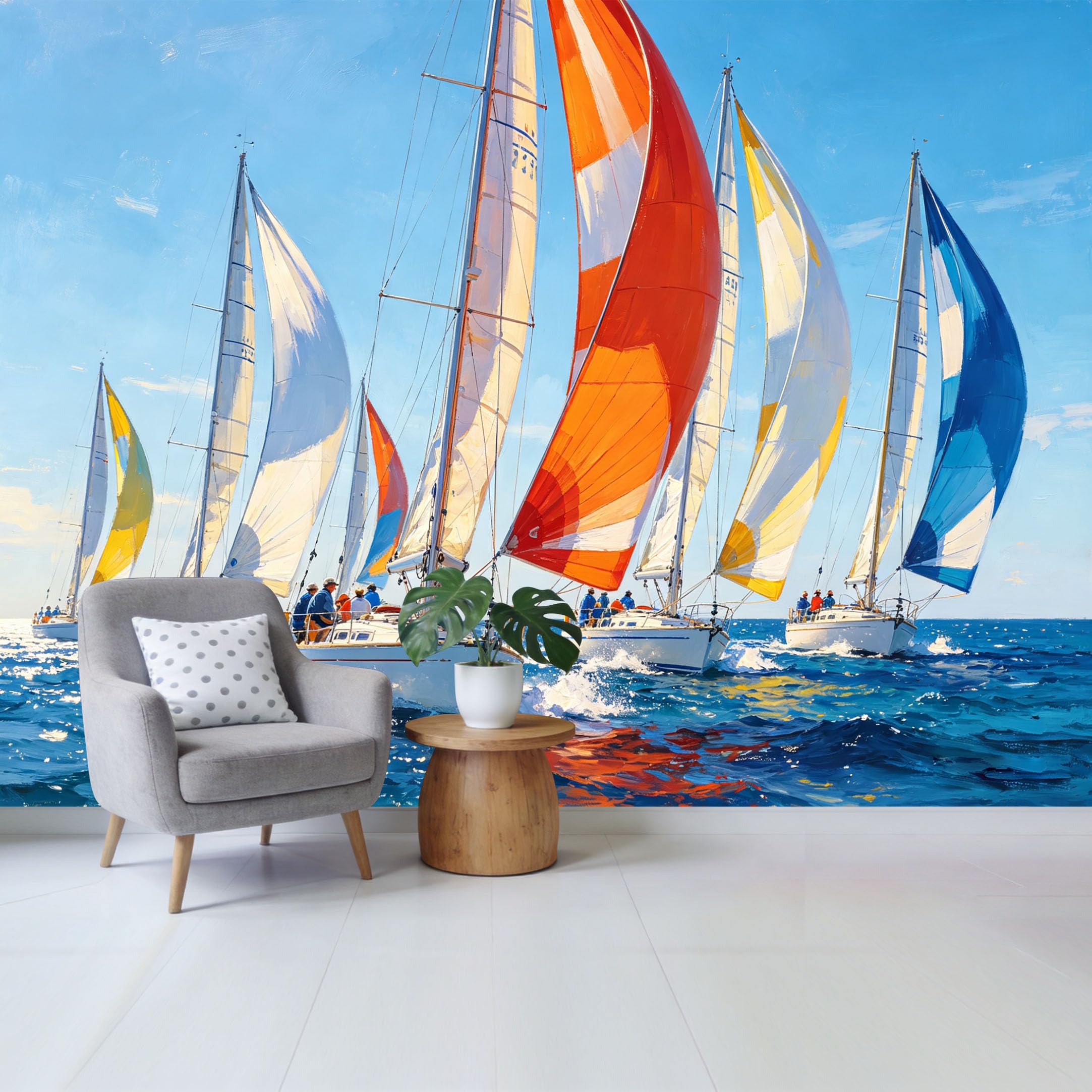 Qzlithotic Yq2605250924 Custom Size Wall Mural Sailing Yacht Regatta Ocean Marine Oil Painting Style Selfadhesive Wall Fabric Removable Wallpaper For Home Office Decor
