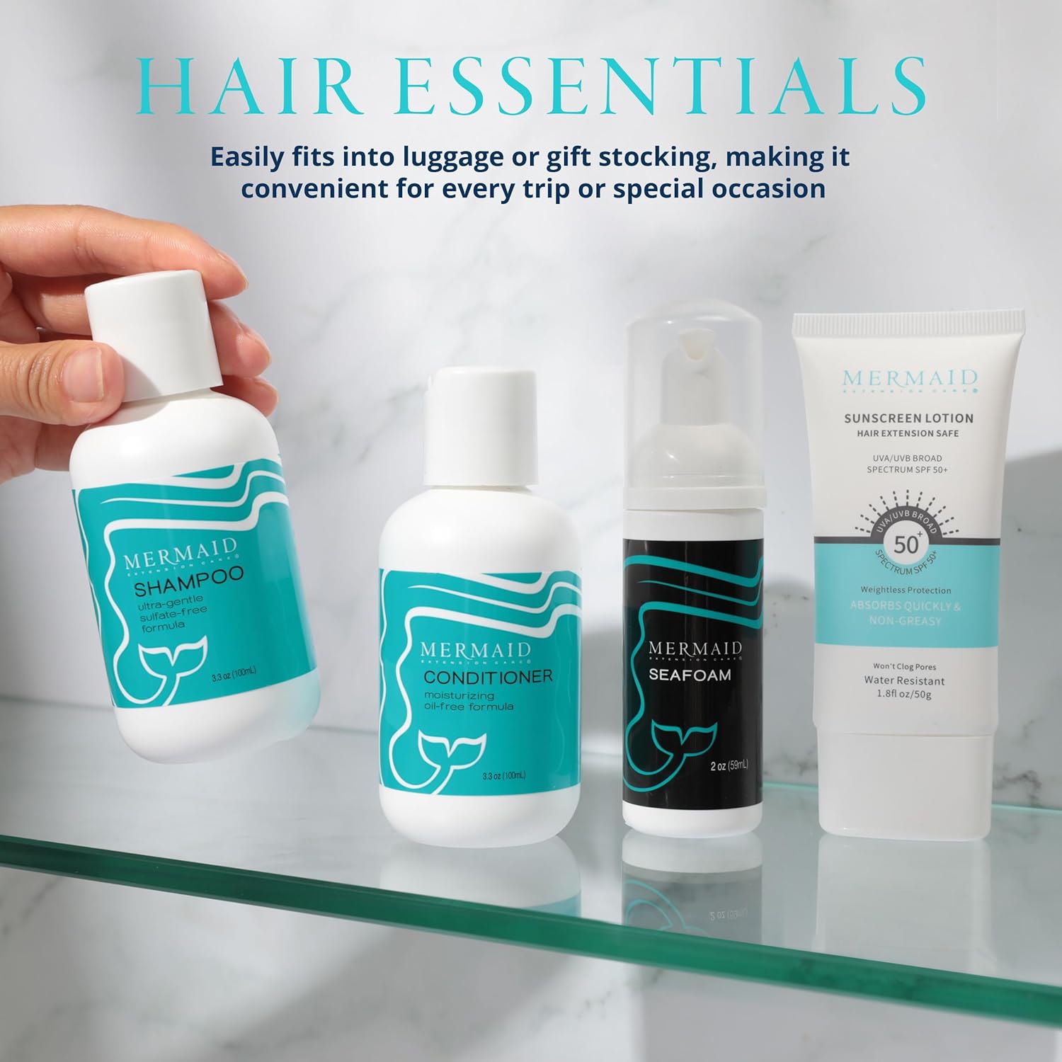 Travel Kit, 4 Piece Set with Extension-Safe Shampoo, Conditioner & Seafoam and Sunscreen