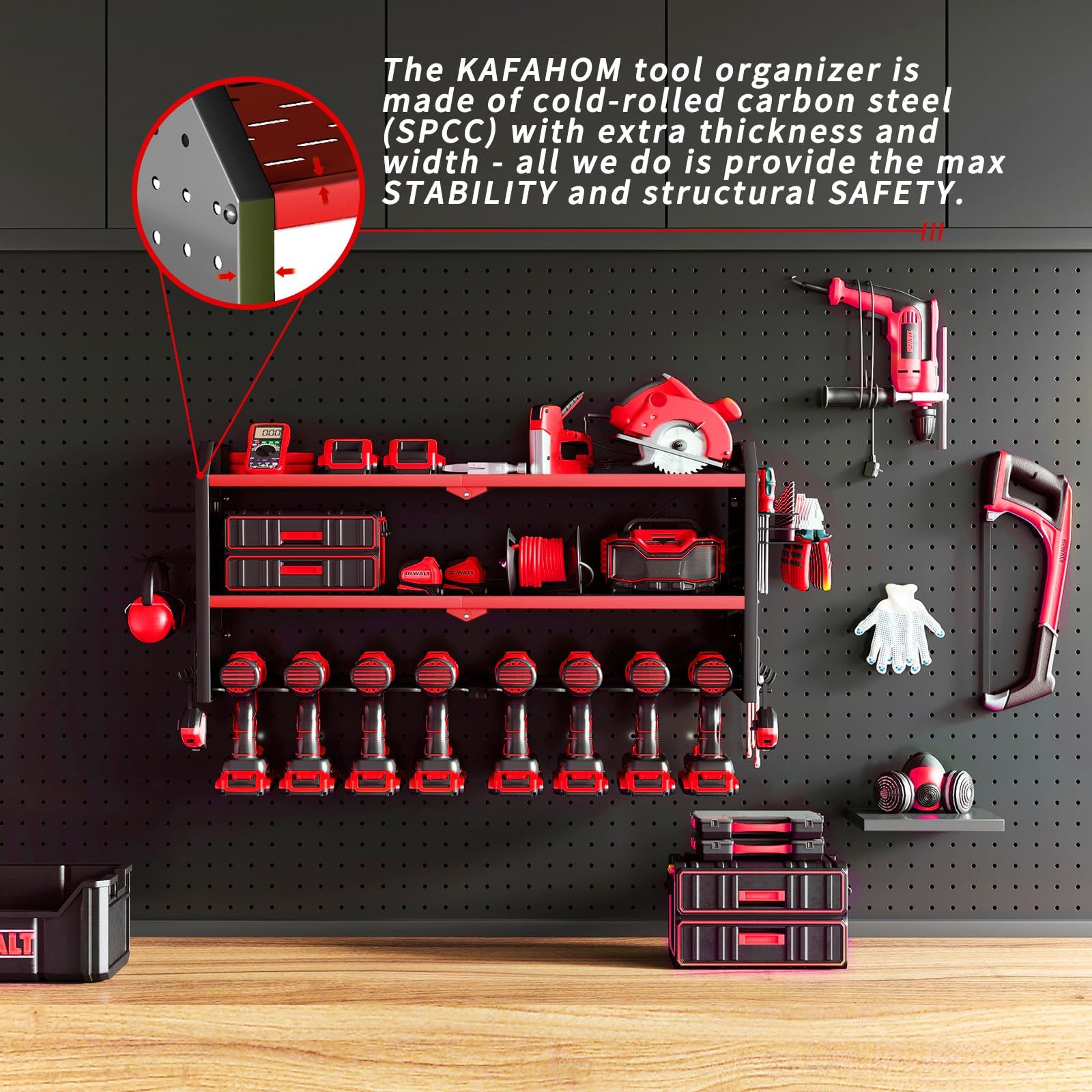 KAFAHOM Power Tool Organizer, Large 8 Drill Holder Wall Mount with 2 Side Pegboards, Heavy Duty Metal Tool Shelf with 12 Hooks, Storage Rack for Garage Organization, Utility Battery Shelves - Red