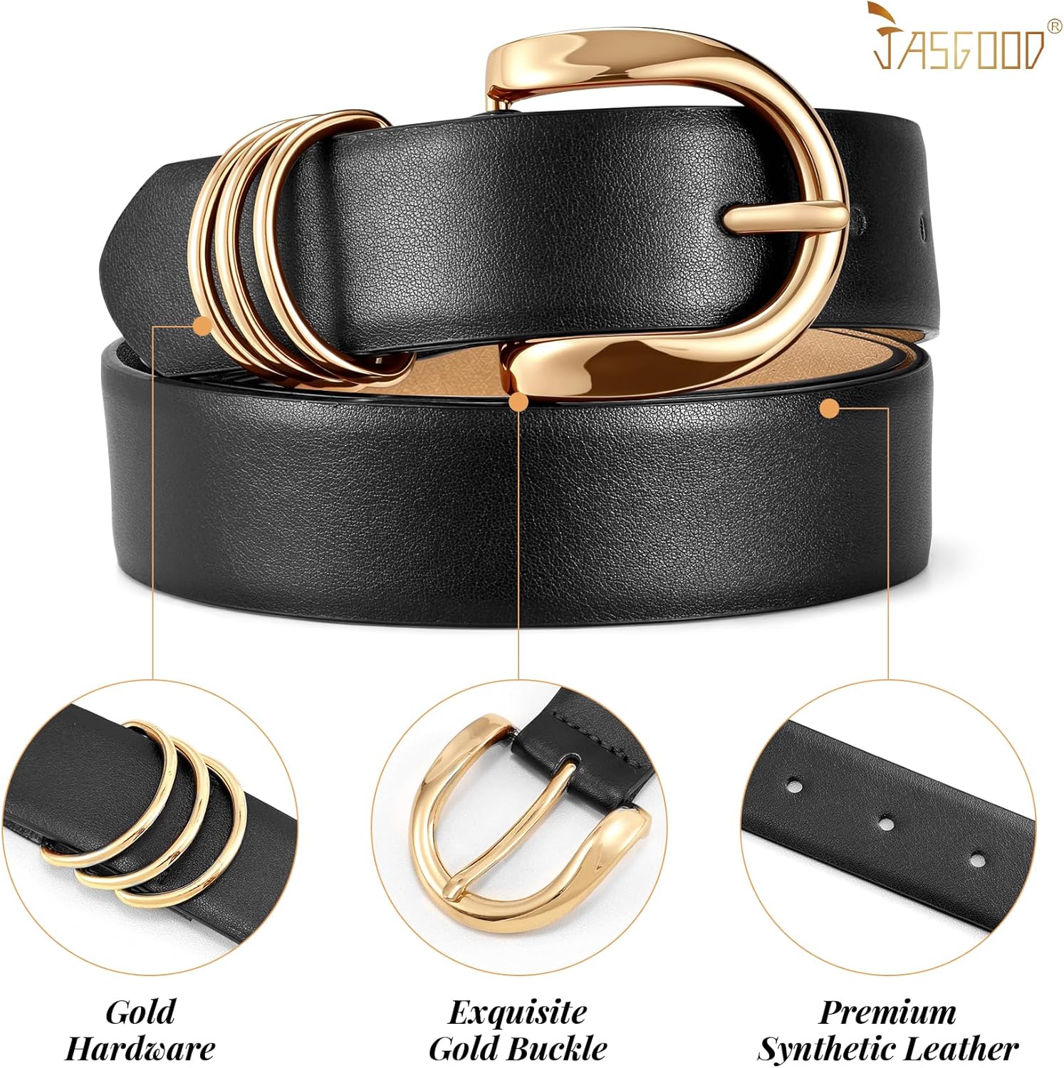JASGOOD Women's Leather Belts with Gold Buckle Fashion Ladies Leather Waist Belt for Jeans Dress - Image 3