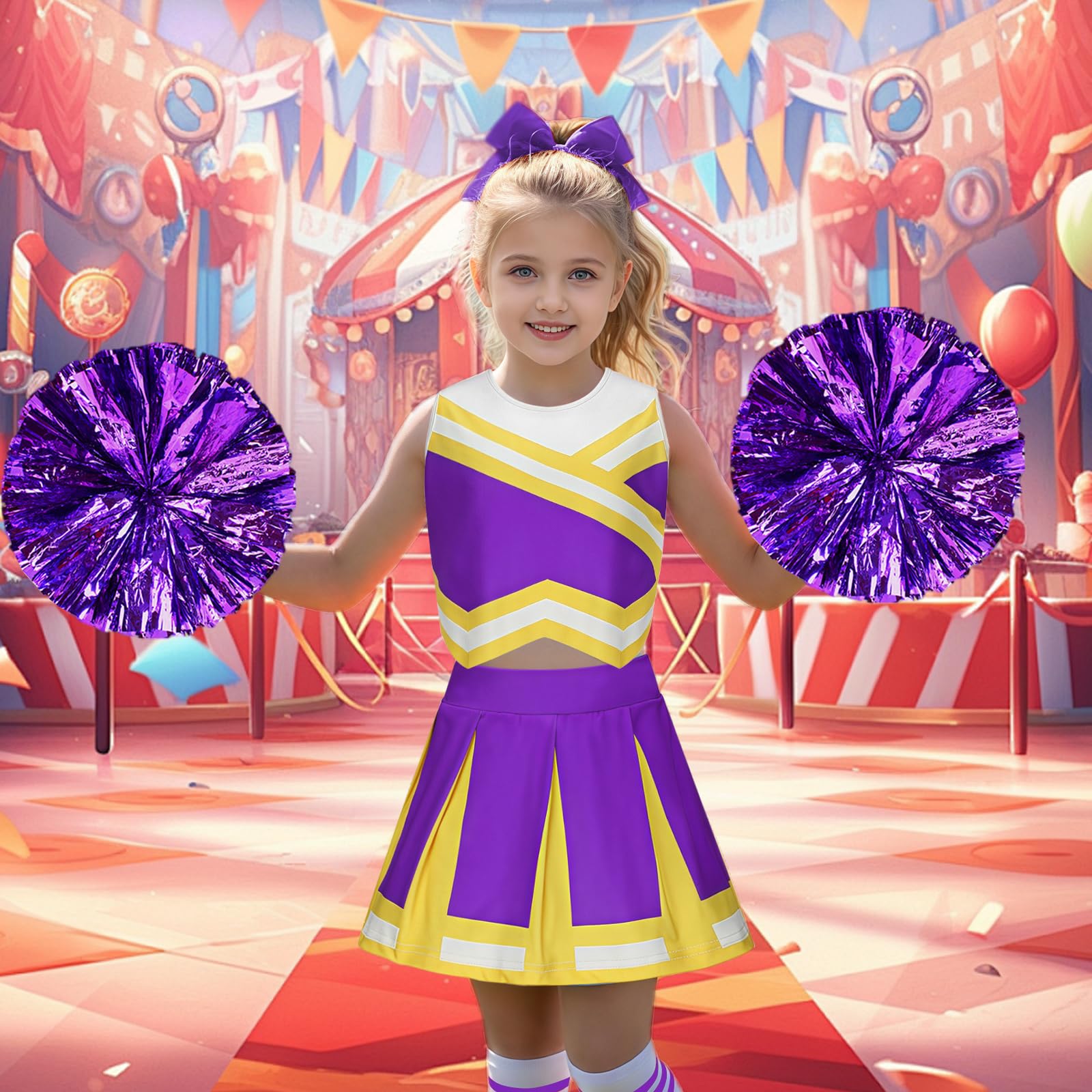 Luckyou Costume Cheerleader per Bambina Vestito Cheerleader Bambina con parrucca brillante, pompon e fiocco per Carnevale Halloween Fancy Dress Up - 5