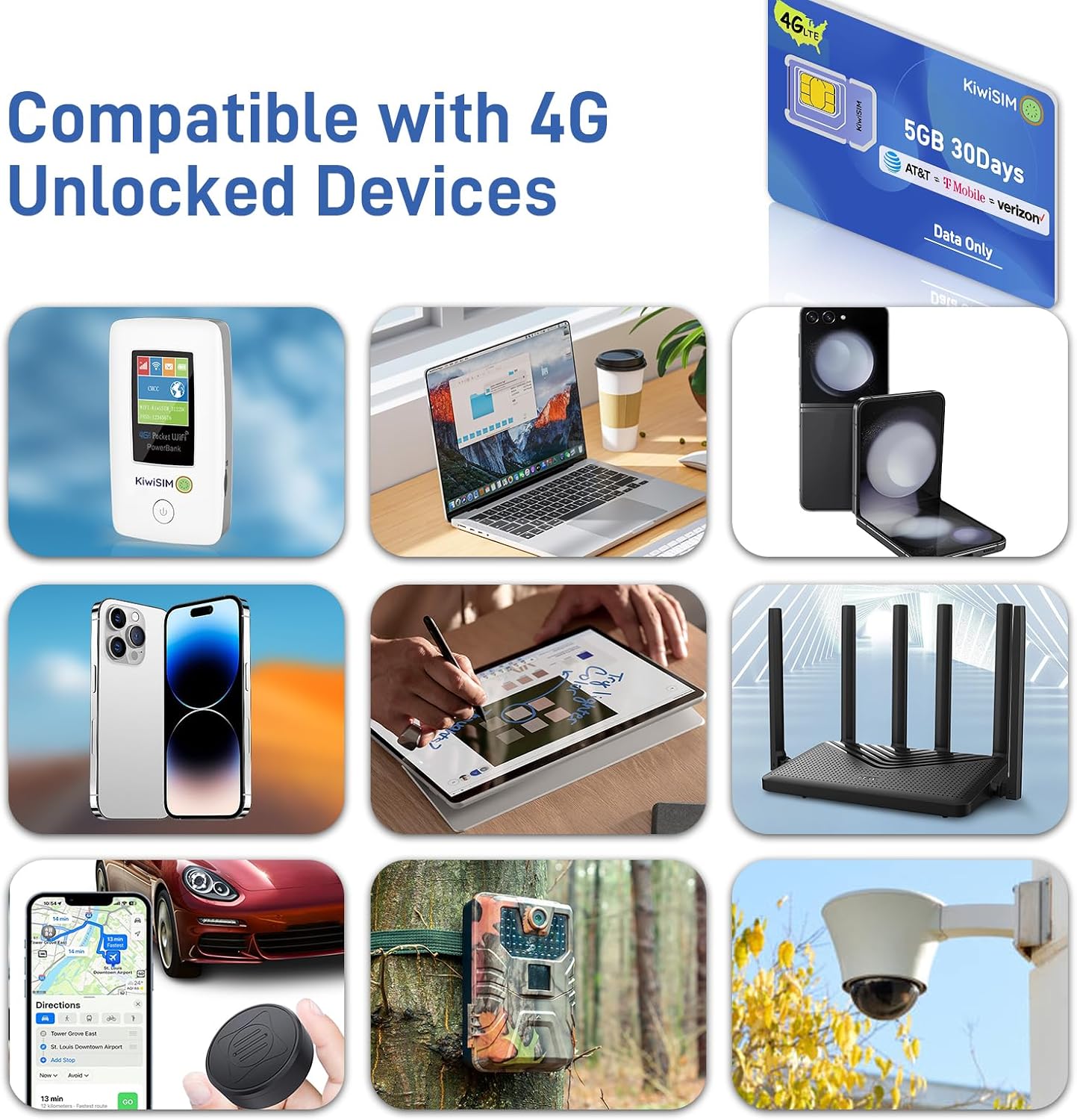 4G Data Only SIM Card, Support for AT&T/T-Mobile/Verizon USA Coverage, Compatible with Unlocked Hotspots/Routers/GPS Trackers & Portable WiFi Devices，3 in 1 SIM(5GB 30 Days)，No Contract