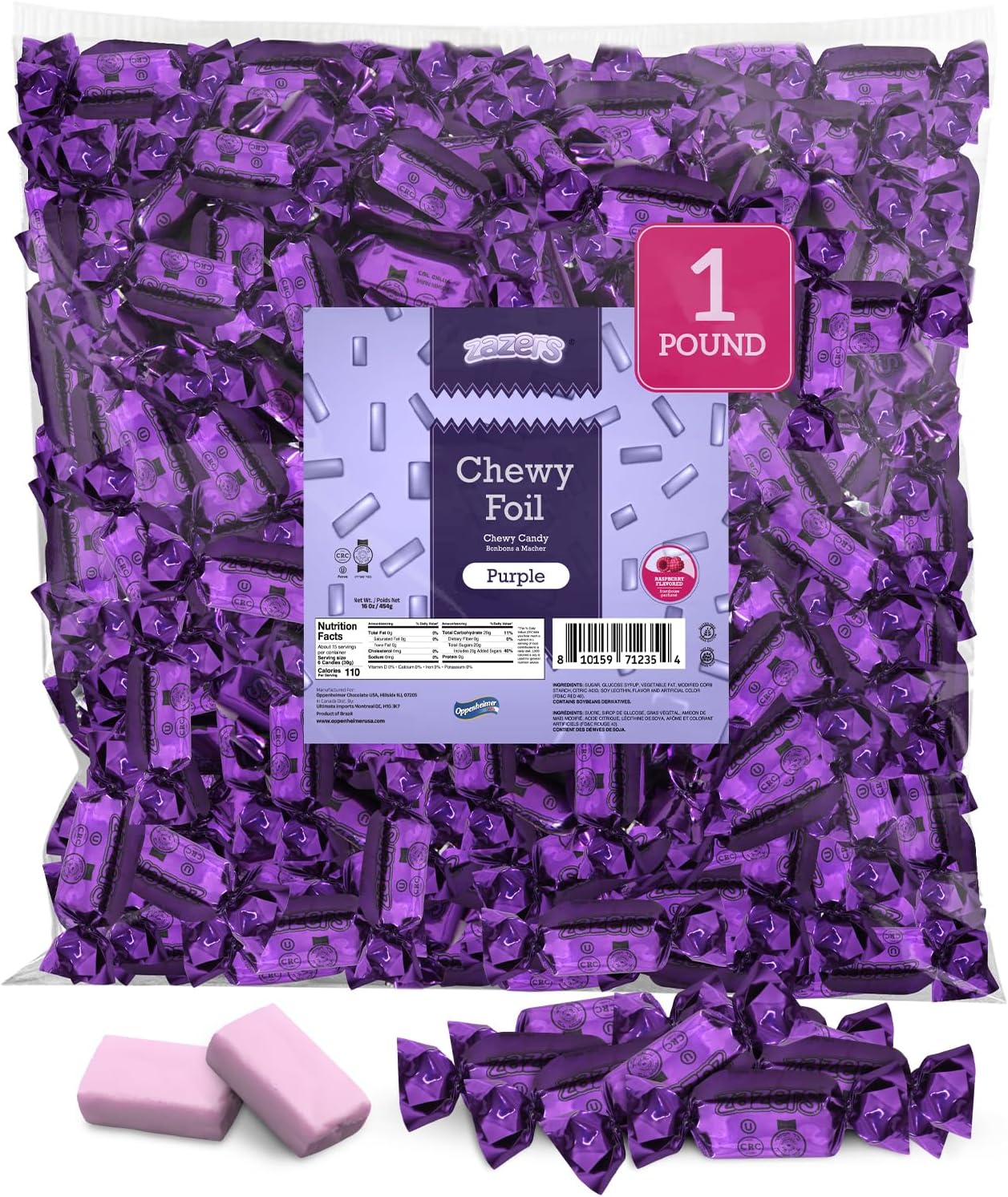 Zazers Purple Chewy Foil Candy - 1 Pound - Raspberry Flavor - Individually Wrapped, Perfect for Color Themed Party Decor, Great for Office, Reception, Buffet, Kosher, Gluten-Free, Nut-Free