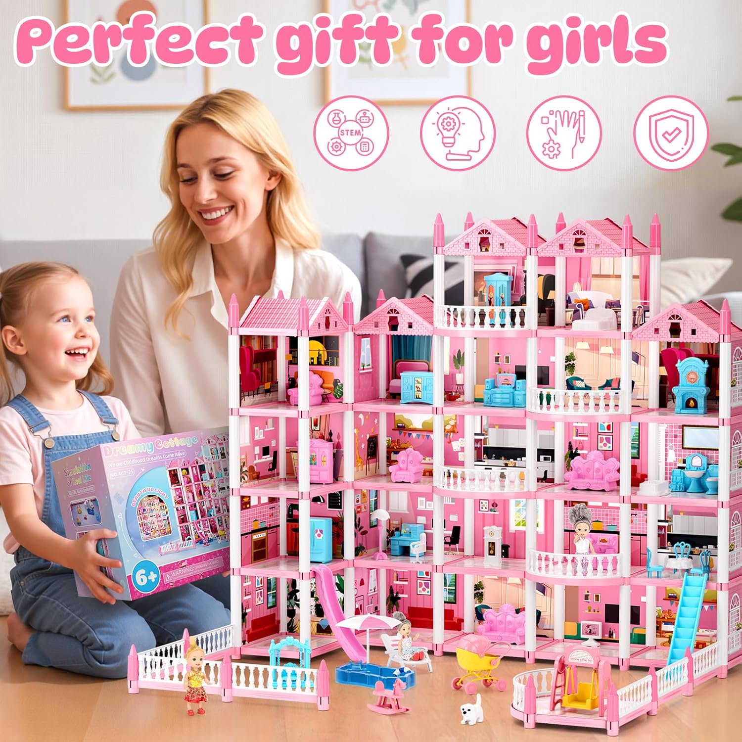 Large Dream Doll House for Girls with 22 Rooms, Lights, Dolls, and Furniture - Playhouse Dollhouse for Grils Ages 6-16 Toys for Birthdays & Holidays & Christmas