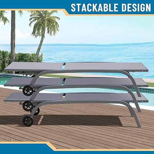 Miniatura 6 de Domi - Juego de 2 tumbonas para exteriores con ruedas, marco de metal resistente con 5 posiciones ajustables reclinables para porche, playa, patio,