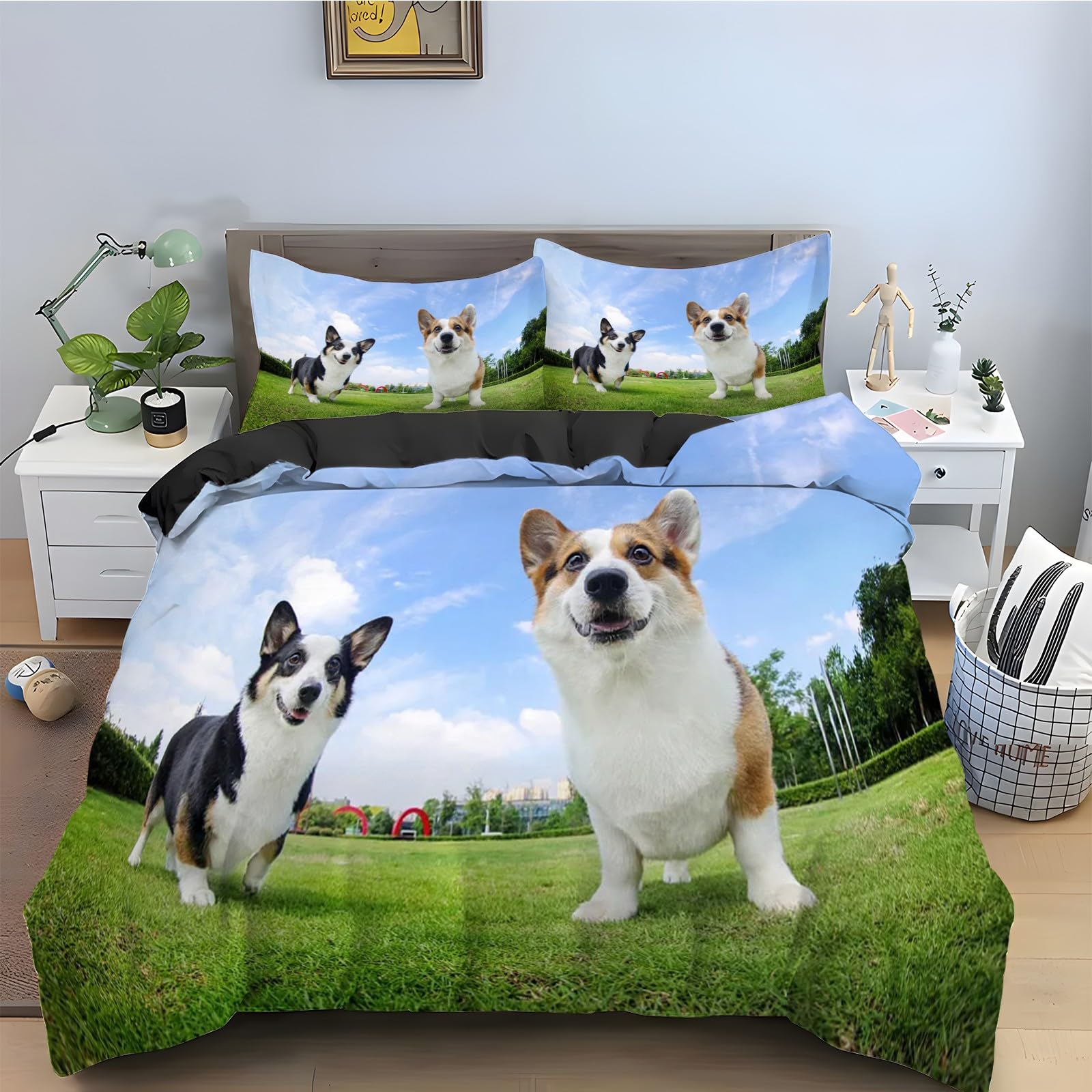 Parure de lit 90x190 Corgi avec housse de couette animal en microfibre douce et 2 taies d'oreiller