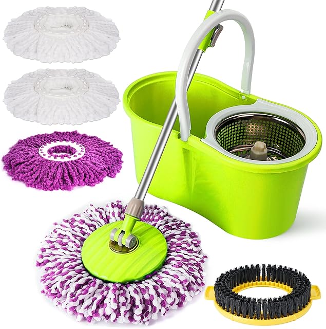 Enya Magic Spin Mop and Bucket Set Floor Mop Home Cleaning with four Microfiber Wet/Dry mop heads - Colors - Blue/Black/Purple/Green - Green
