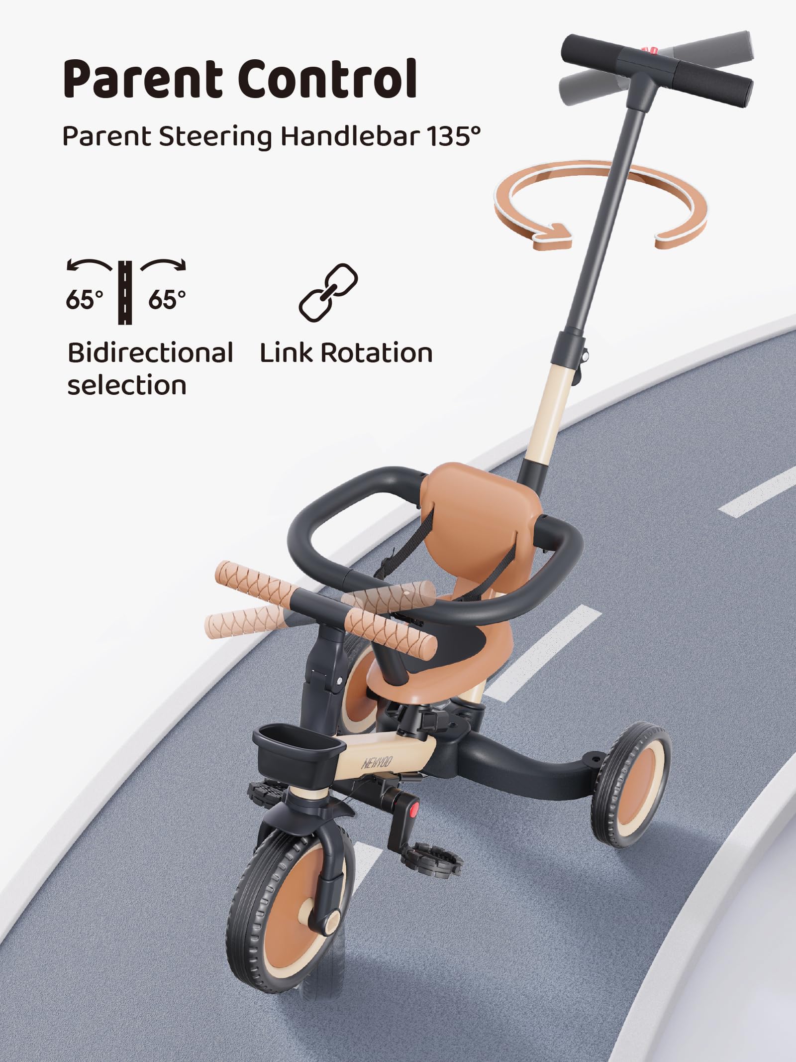 newyoo 5 in 1 Laufrad Dreirad, Dreirad ab 1-3 Jahr, Kinderdreirad mit schubstange, Kinderfahrrad, Laufräder Lauffahrrad inkl. Lenkstange, Sicherheitsbüge, TR008