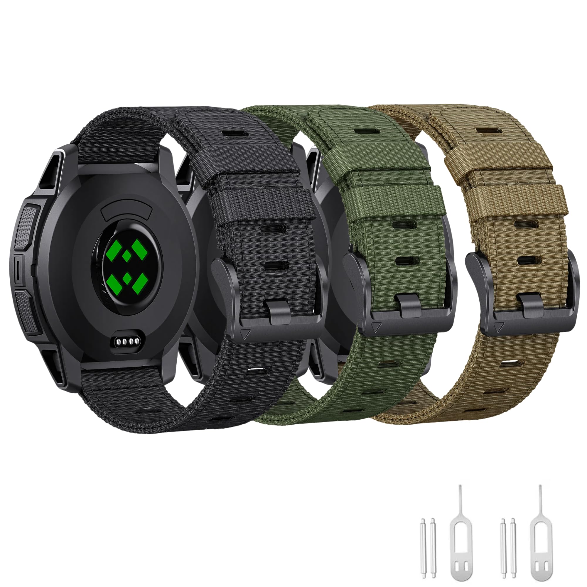 EKINGEEK for Garmin Instinct/Instinct 2 Band, Soft Nylon Instinct3 45mm Replacement Watch Strap Compatible with Garmin 22mm Instinct2 Tactical/Tide/Esports/Solar (Black+Khaki+Green (Black Buckle))