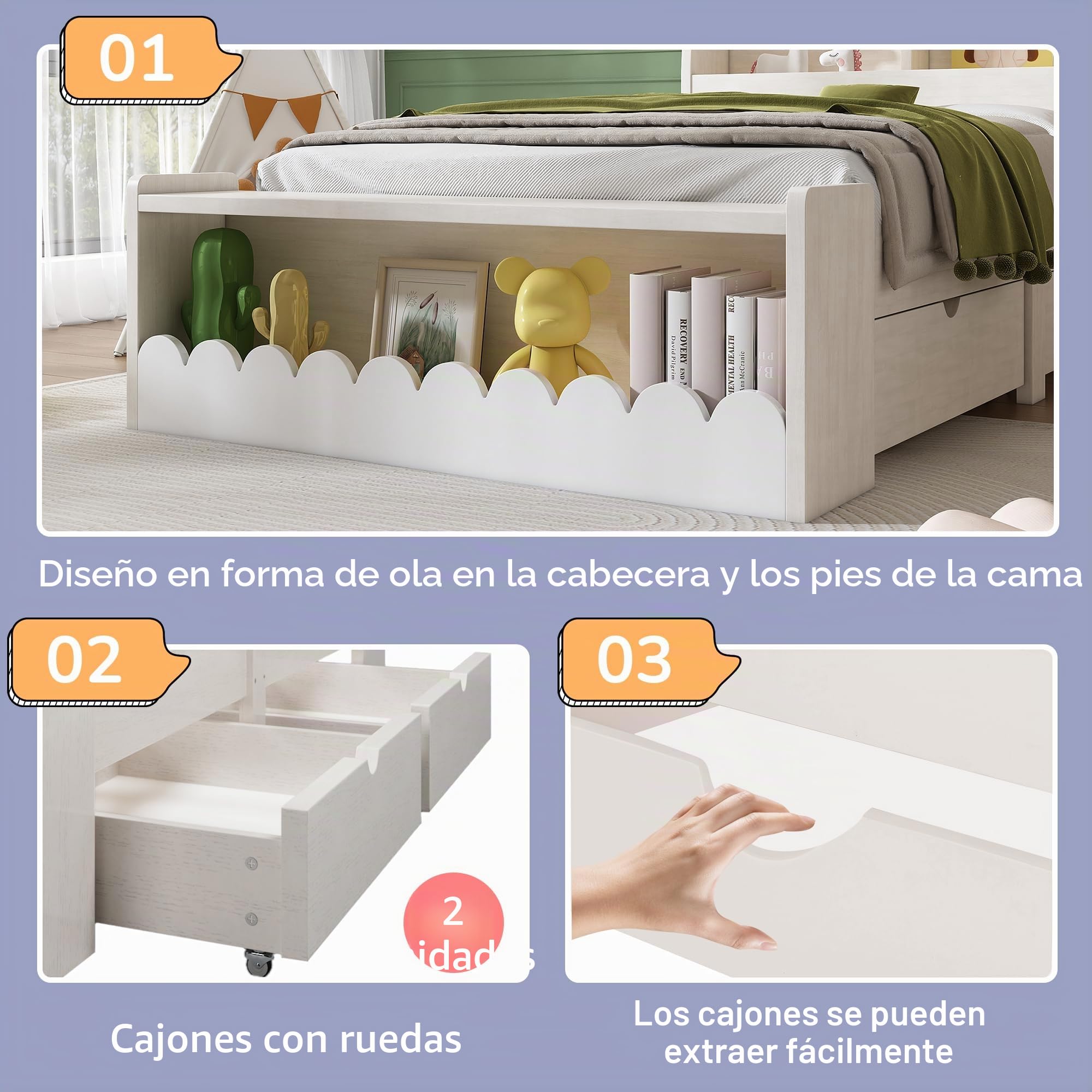 LAKFEW Cama 90x190 cm Camas Infantiles con Banco de Almacenaje y 2 Cajones, Cama Individual Camas Juveniles con Almacenamiento en Cabecero, Estructura de Madera, Blanco+Roble Claro, Sin Colchón