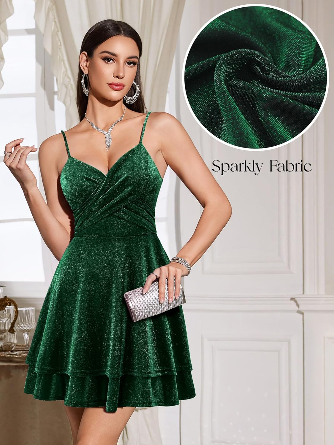 Sequin Homecoming Dresses for Teens Spaghetti Straps Short 2025 Cocktail Dresses Bow Back Sparkly A-line Pleated Prom Layered Hem Dress Green M - Image 4