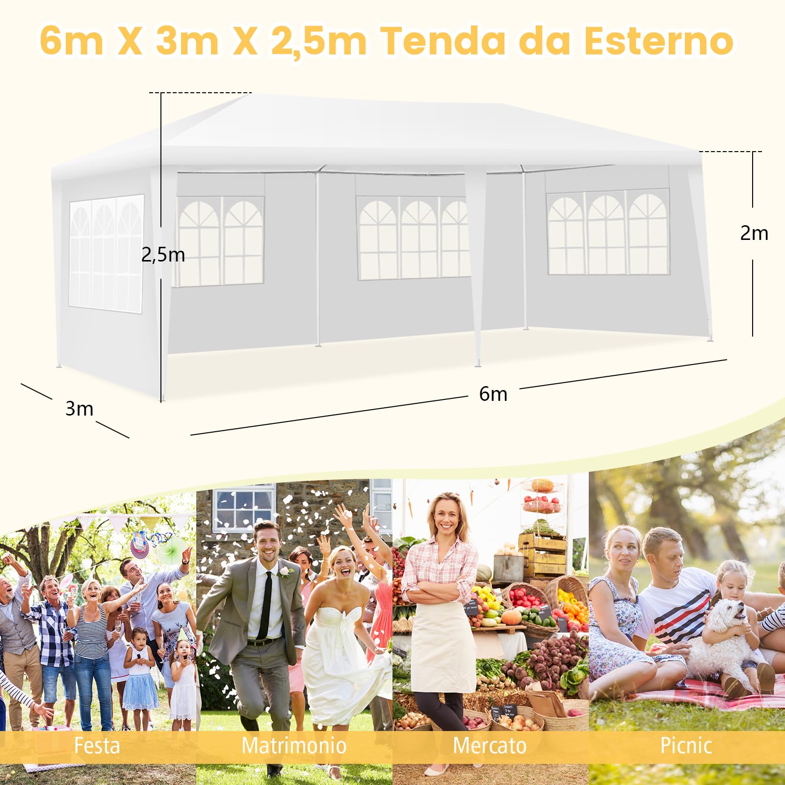 COSTWAY Gazebo da Giardino 6 x 3 m, Tendone per Feste con 4 Pareti Rimovibili, con Borsa di Trasporto, Impermeabile Protezione UV, per Matrimonio Eventi e Barbecue