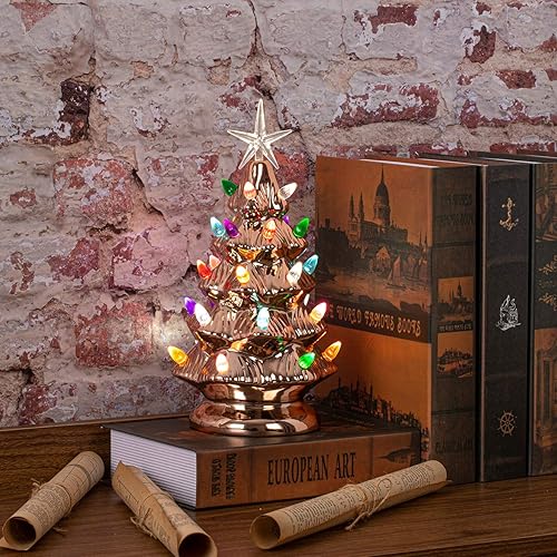 Miniatura 2 de Sunnyglade - Árbol de navidad de cerámica de 11 pulgadas con 28 luces multicolor y 1 estrella en la parte superior, para mesa de escritorio, serie