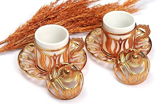 Miniatura 6 de Kuchengerate - 2 tazas de café turco, griego, árabe, marroquí, taza de café expreso con placa interior de soporte de metal de porcelana y tapa, 2