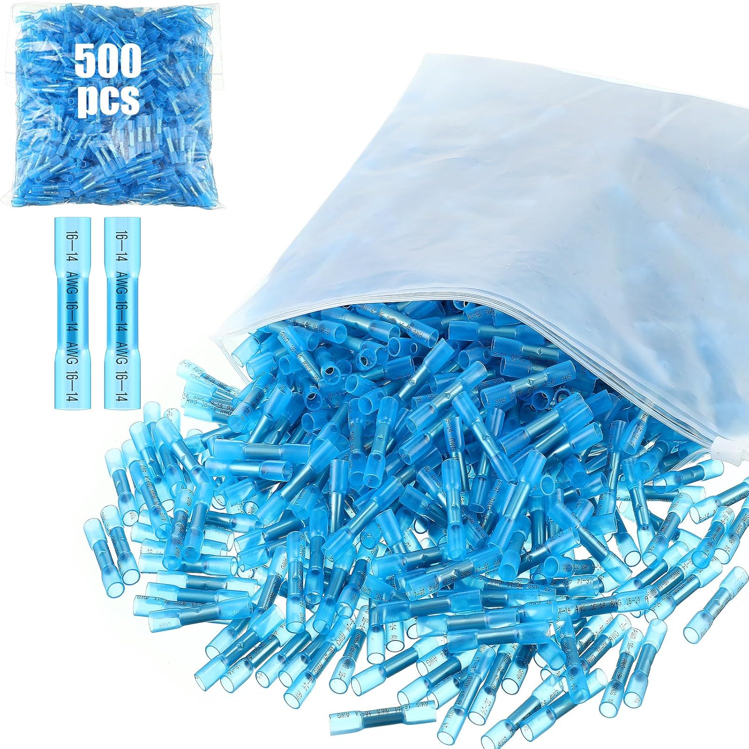 Frienda 500 Pcs Heat Shrink Butt Wire Connectors Blue Awg 16-14 Insulated Waterproof Electrical Wire Connectors Automotive Marine Grade Crimp Terminals Butt Splices for Boats, Industrial, Home